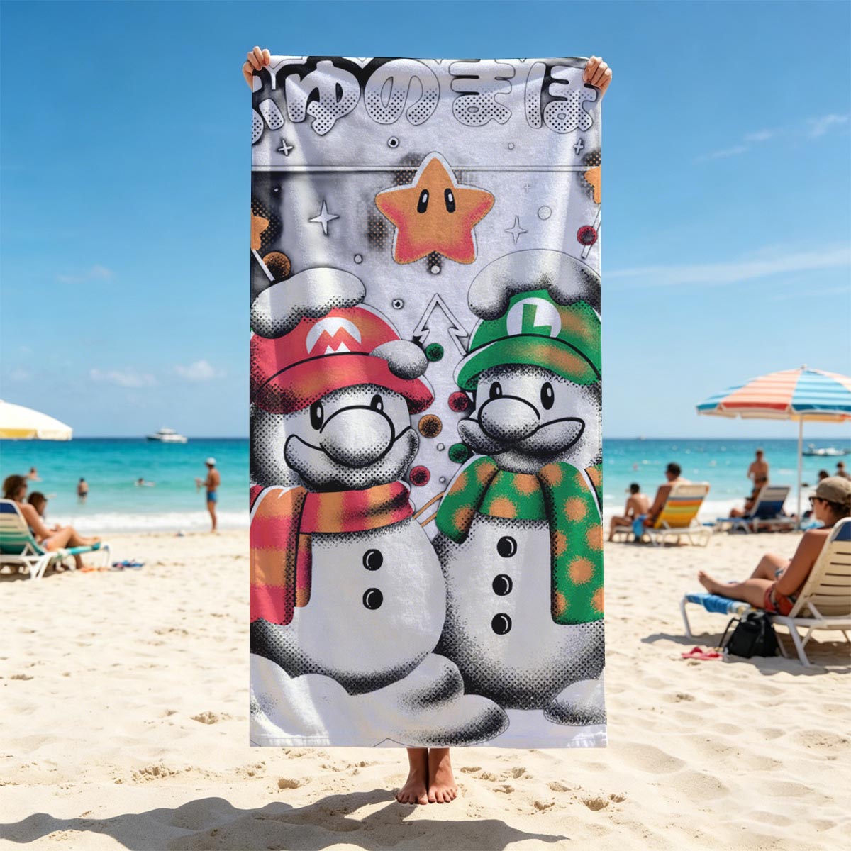 Mario and Luigi Snowmen Christmas Art - Beach towels