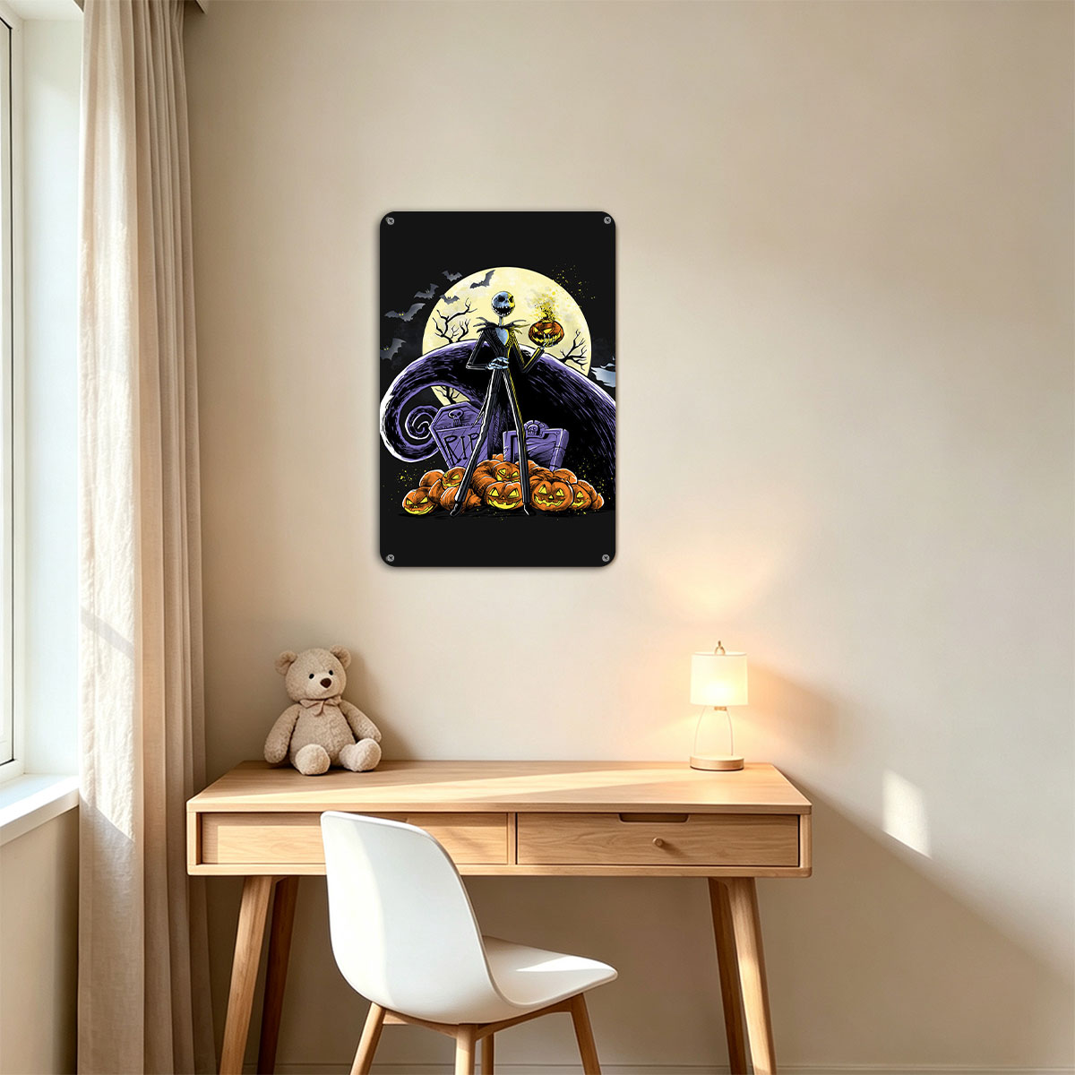 Jack Skellington from The Nightmare Before Christmas stands atop pumpkins with a full moon and bats in the background. - painting