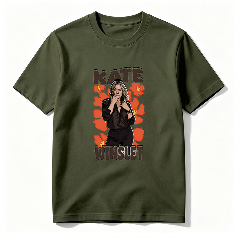 Kate Winslet in a stylish black outfit with floral background - Tee