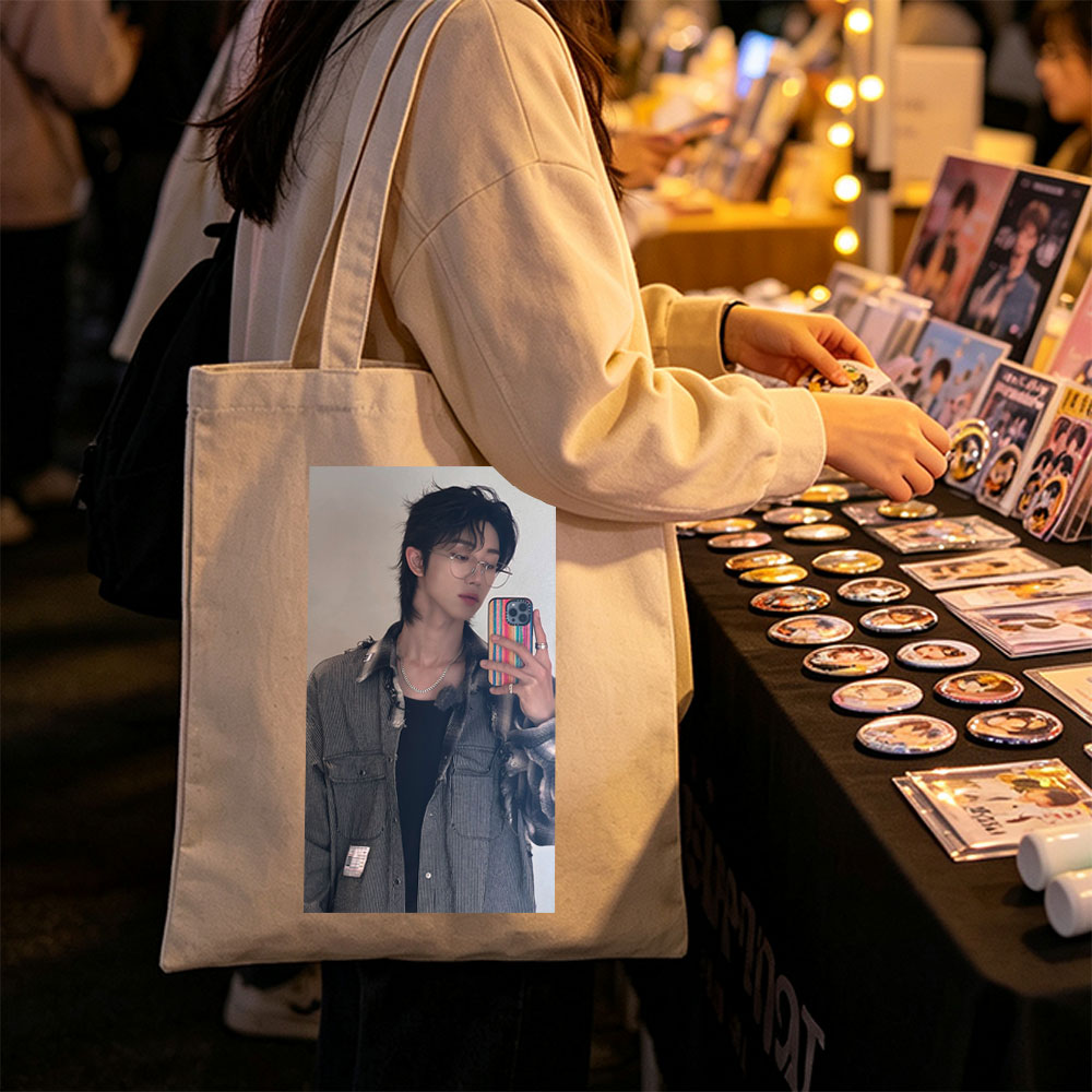 The Boyz Member in Mirror Selfie Wearing Striped Jacket and Glasses with Rainbow Phone Case - Canvas tote bags