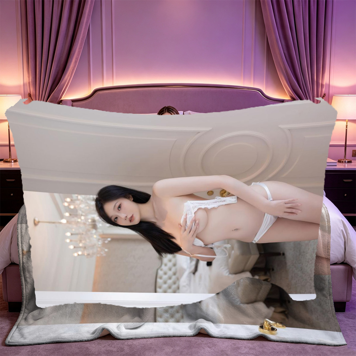 Blonde in School Tie and Lingerie Seduced on Bed by Another Woman - Blanket