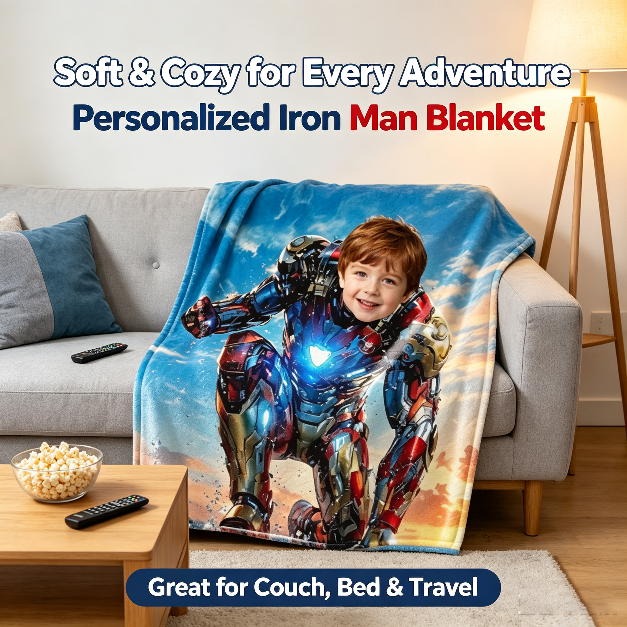 Customized Superhero Iron Man Flannel Throw Blanket With Kid Photo, Personalized Upload Picture Blanket, Birthday Xmas Present for Little Boys Bedroom Sofa Travel