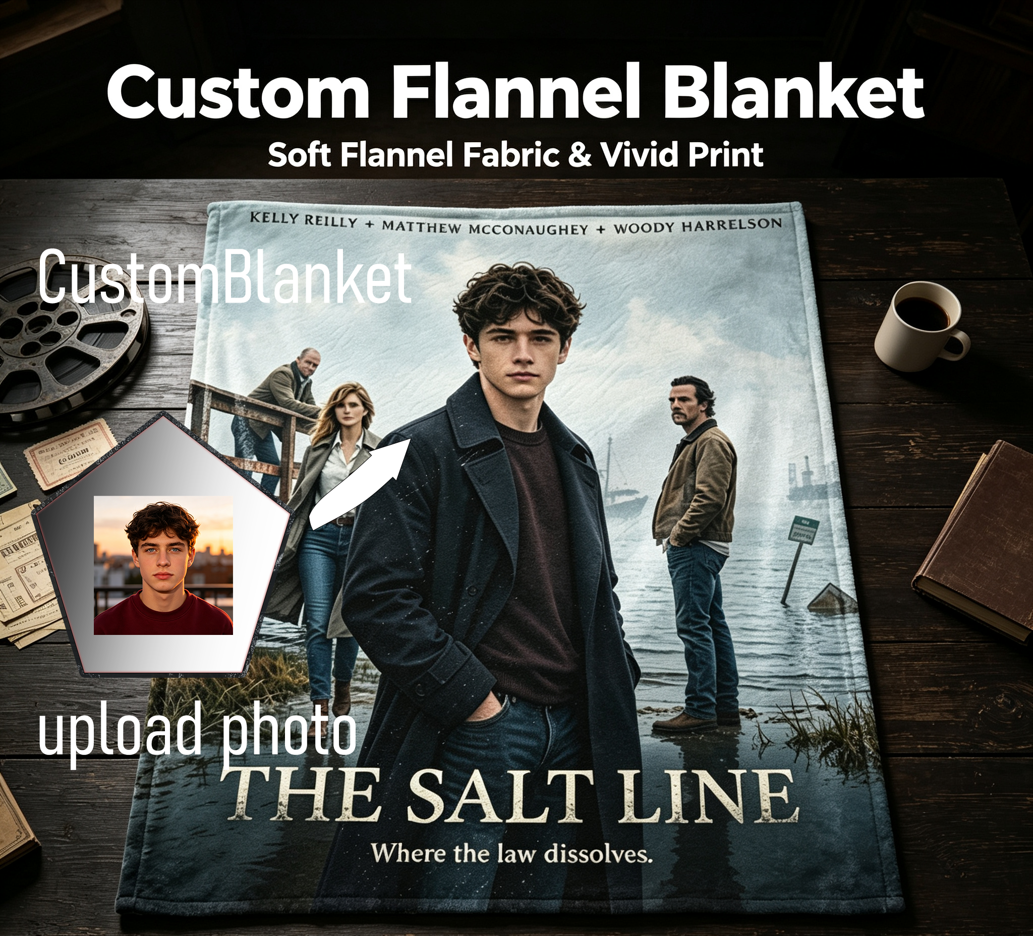 Custom Face Blanket The Salt Line Movie Poster Flannel Blanket Perfect for Fans of Kelly Reilly Matthew McConaughey and Woody Harrelson Ideal for Home Decor or Gift Giving