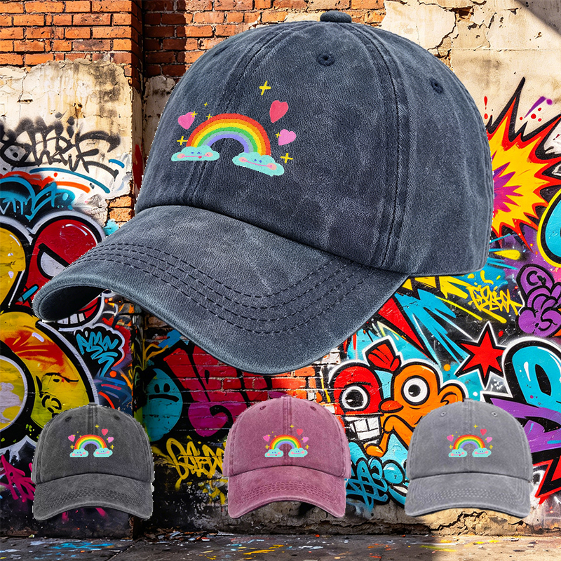 Men's Printed Washed Cap with Rainbow Clouds and Hearts Design - Casual Round Brim Summer Lightweight Hat for Outdoor Activities, Travel, and Daily Wear - Ideal for Young Adults and Trendy Urban Style Lovers
