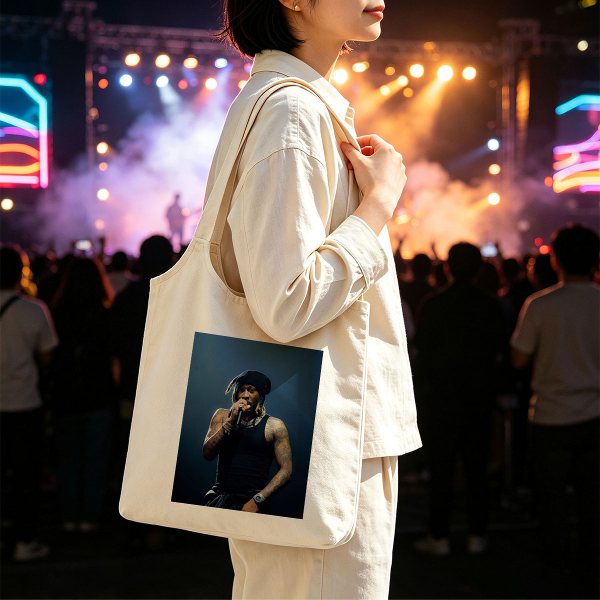 Lil Wayne Performing on Stage with Microphone in Hand - Canvas shoulder bags/