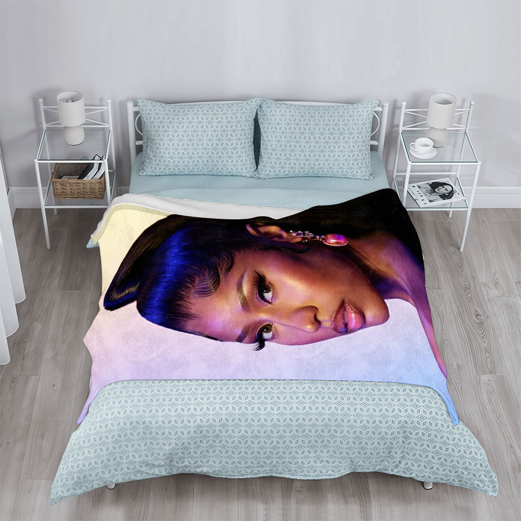 Nicki Minaj in a Stunning Portrait with Bold Makeup and High Ponytail Under Purple Lighting - Blankets