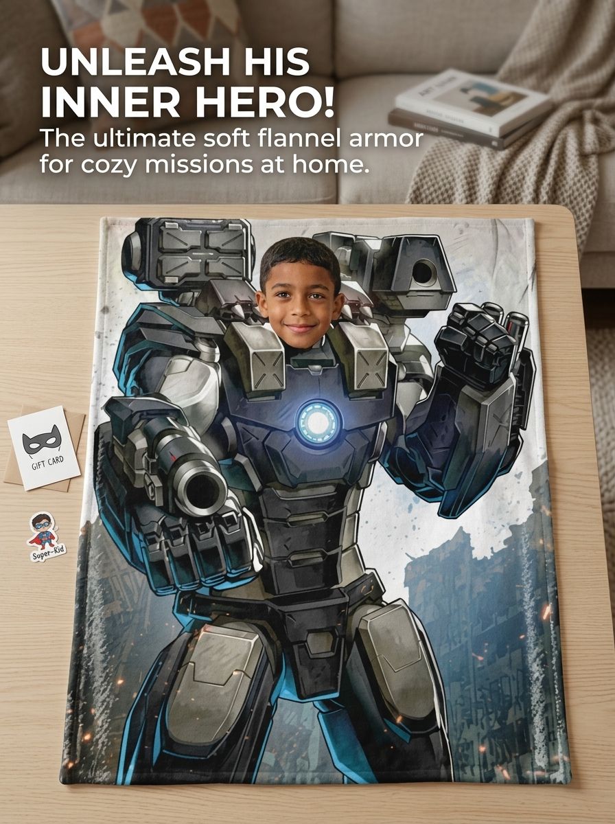 Personalized Photo Face Mech Armor Flannel Blanket Custom Superhero Throw Lightweight Ultra Soft Cozy Bed Couch Gift