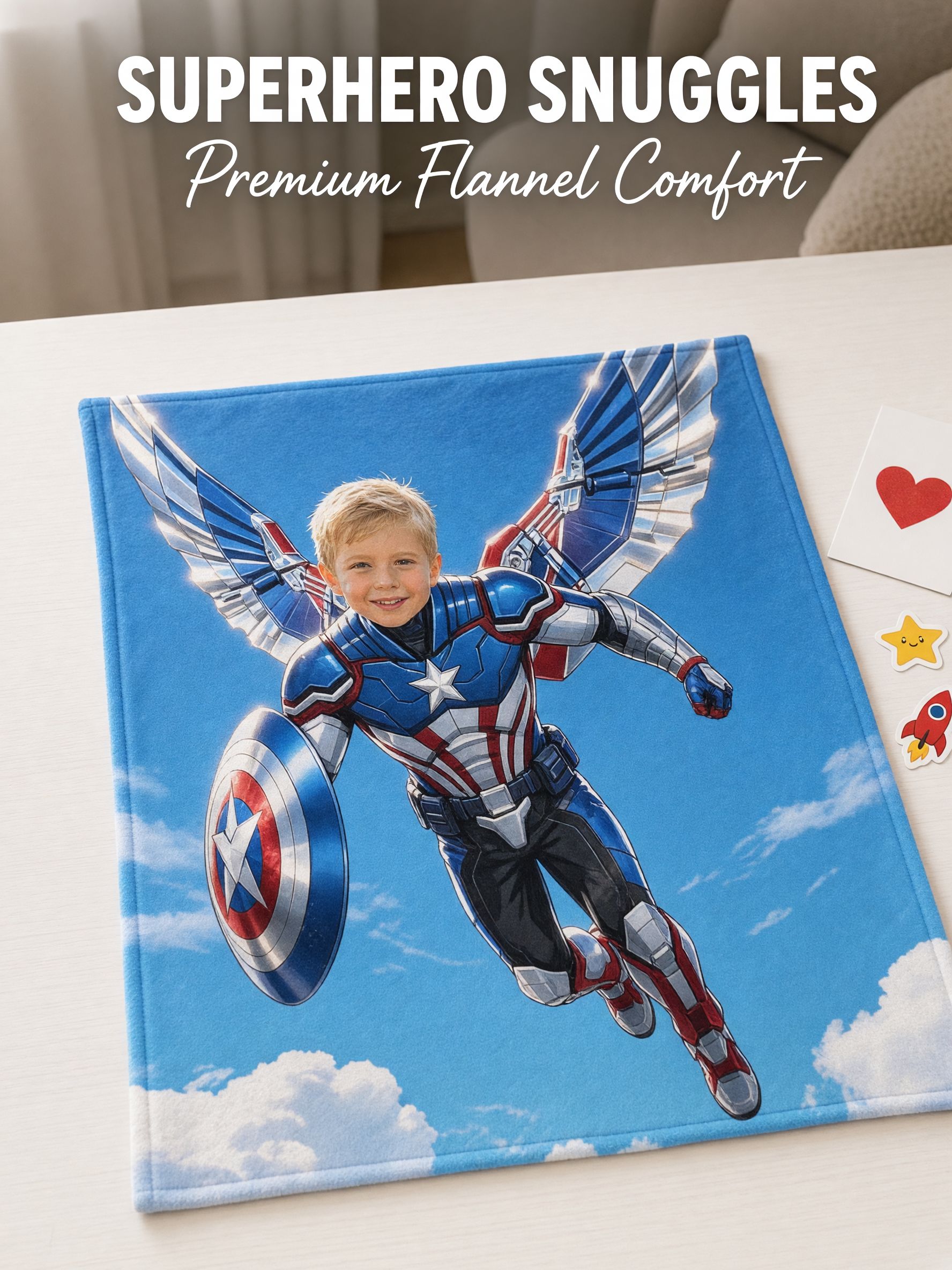 Custom Face Superhero Blanket Personalized Photo Fleece Throw Skin-Friendly Soft Flannel Cozy Gift for Kids and Family
