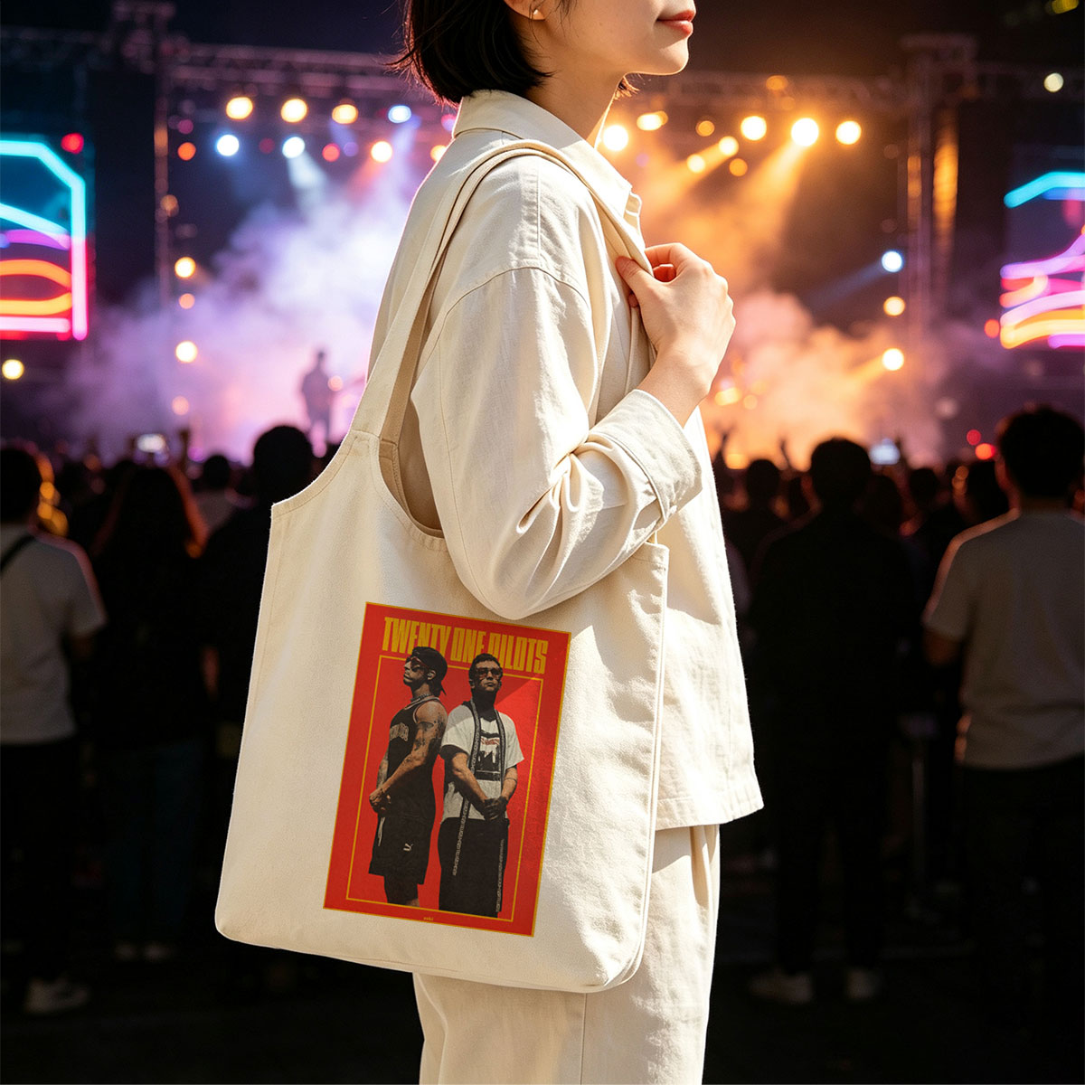 Twenty One Pilots Standing Back to Back in Bold Red Poster Art - Canvas shoulder bags/