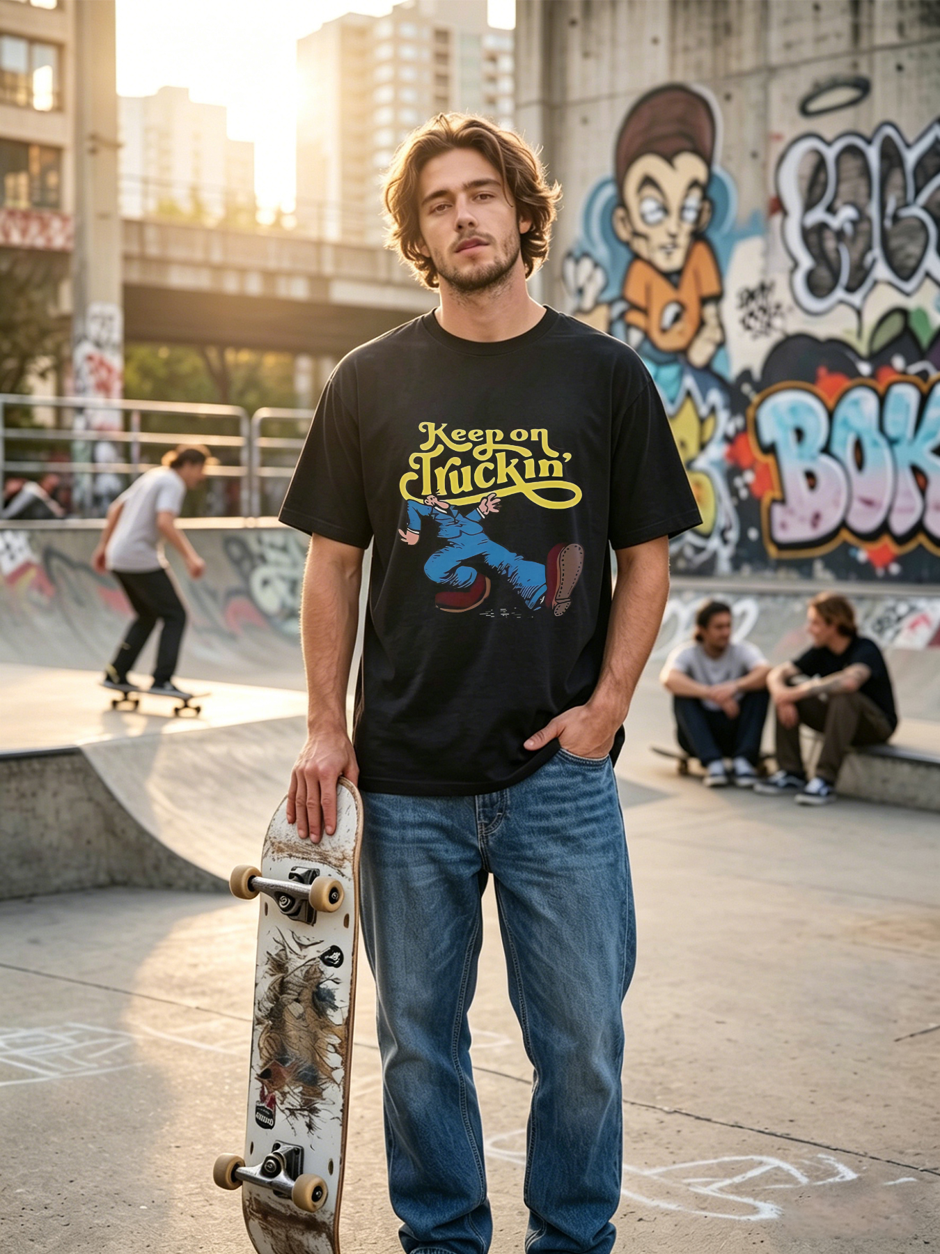 Men's Printed T-Shirt Keep on Truckin' Cartoon Man Running Graphic Casual Round Neck Summer Lightweight Breathable Short Sleeve T-Shirt for Daily Wear Outdoor Activities Adults