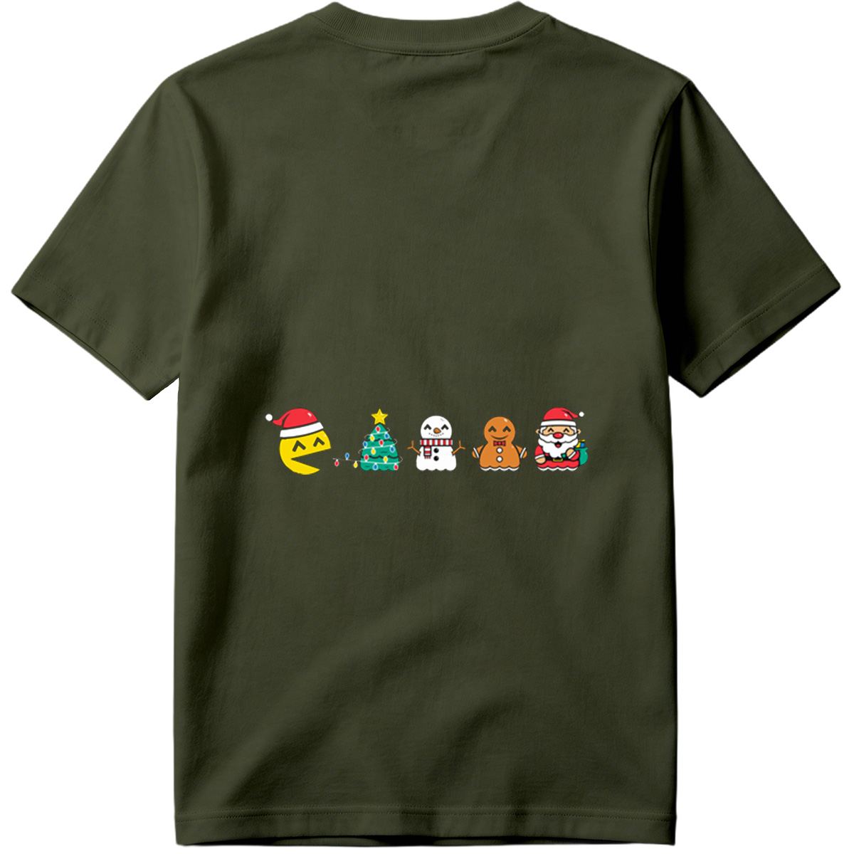 Pac-Man Christmas Characters: Pac-Man, Christmas Tree, Snowman, Gingerbread Man, Santa Claus - Tee