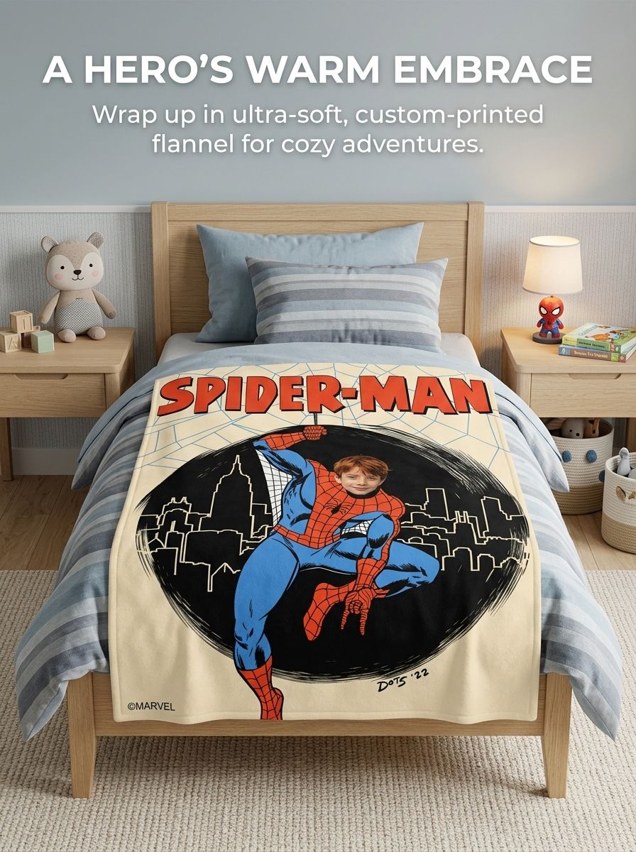 Personalized Face Photo Superhero Flannel Fleece Blanket Custom Comic Character Throw for Kids Cozy Birthday Gift