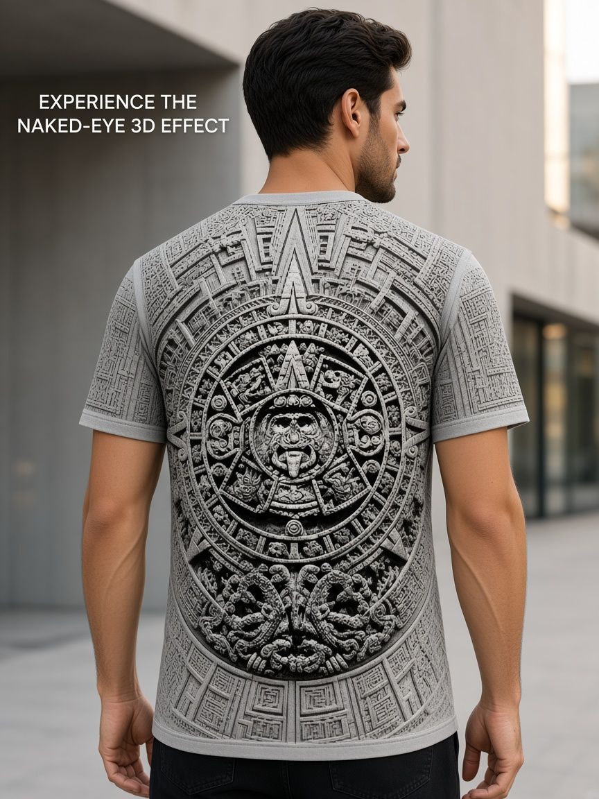 Aztec Sun Stone Carving 3D Optical Illusion Graphic Tee Breathable Athletic Mesh T Shirt for Casual and Sports Wear