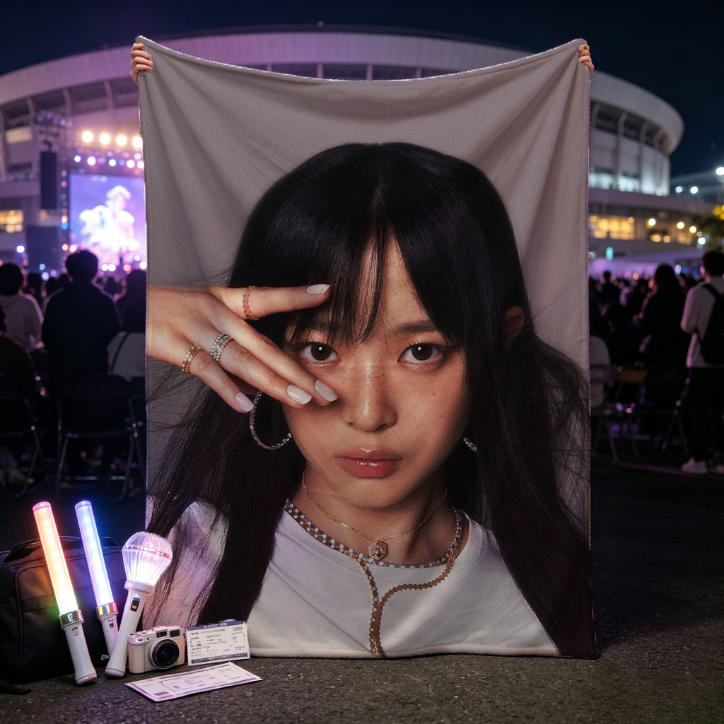 Hanni of NewJeans in a Stylish Pose with Star-Printed White Top and Elegant Jewelry - Blankets