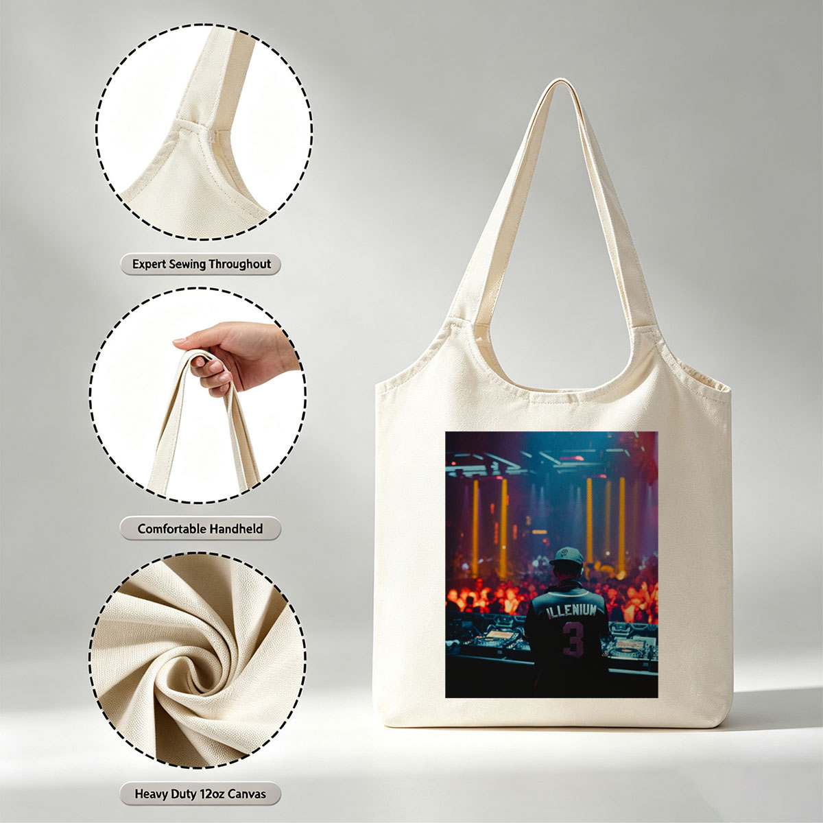 Illenium Live Performance at a Vibrant Music Festival with Crowd and DJ Setup - Canvas shoulder bags/