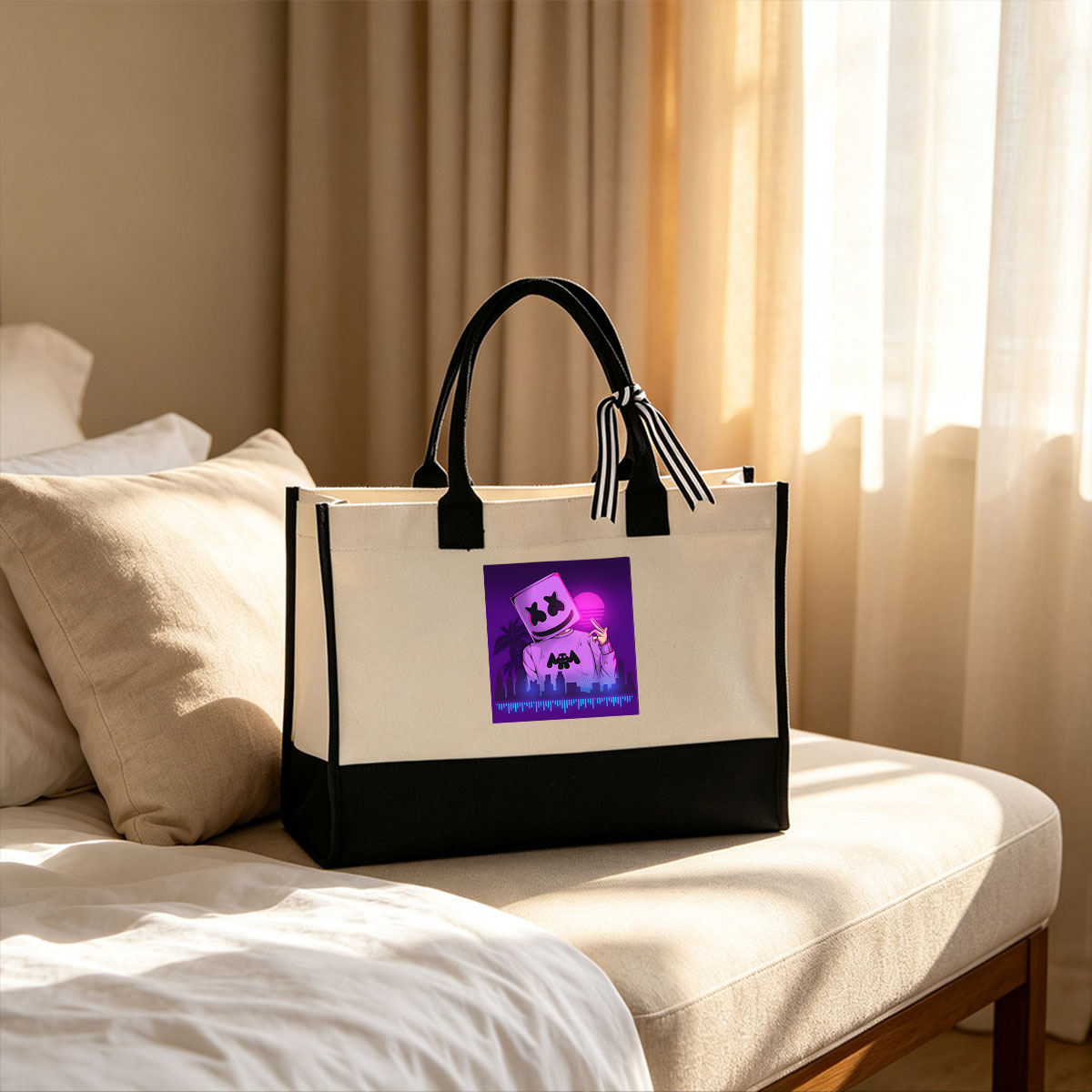 Marshmello in a vibrant neon cityscape, wearing a pink hoodie with a bat logo, making a peace sign against a purple sunset. - Canvas patchwork gift tote bag