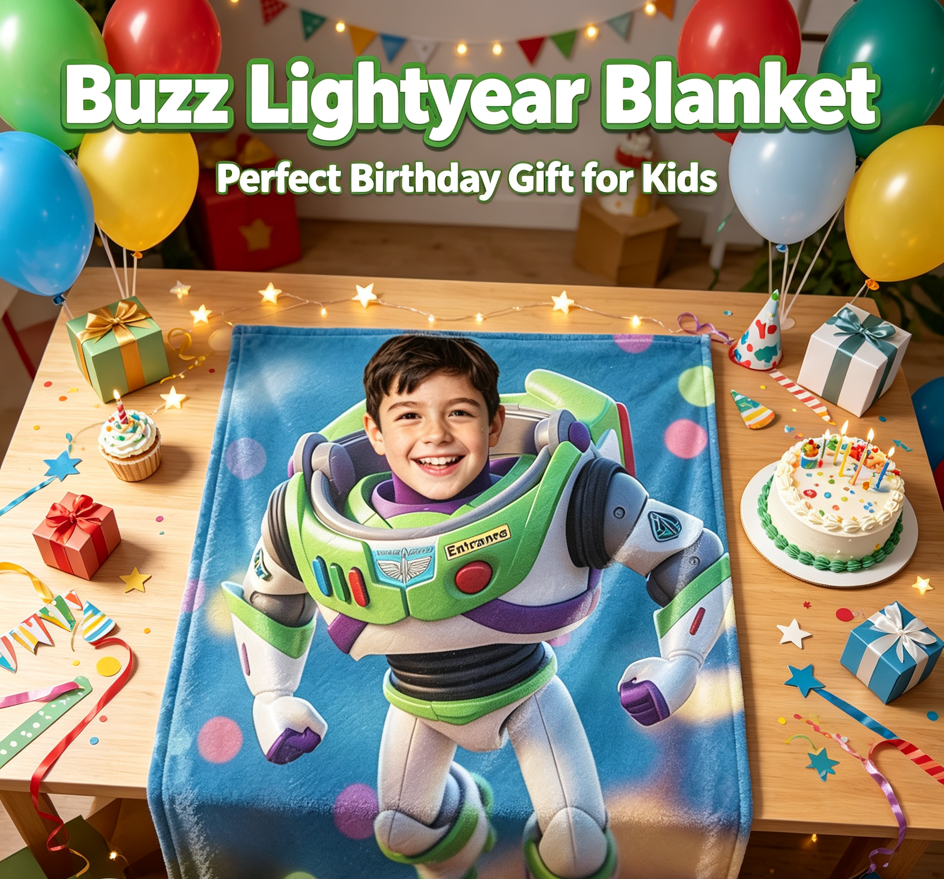 Personalized Space Ranger Photo Fleece Blanket – Custom Face Galactic Hero Soft Throw for Kids & Toddlers, Bedroom Bedding & Birthday Gift