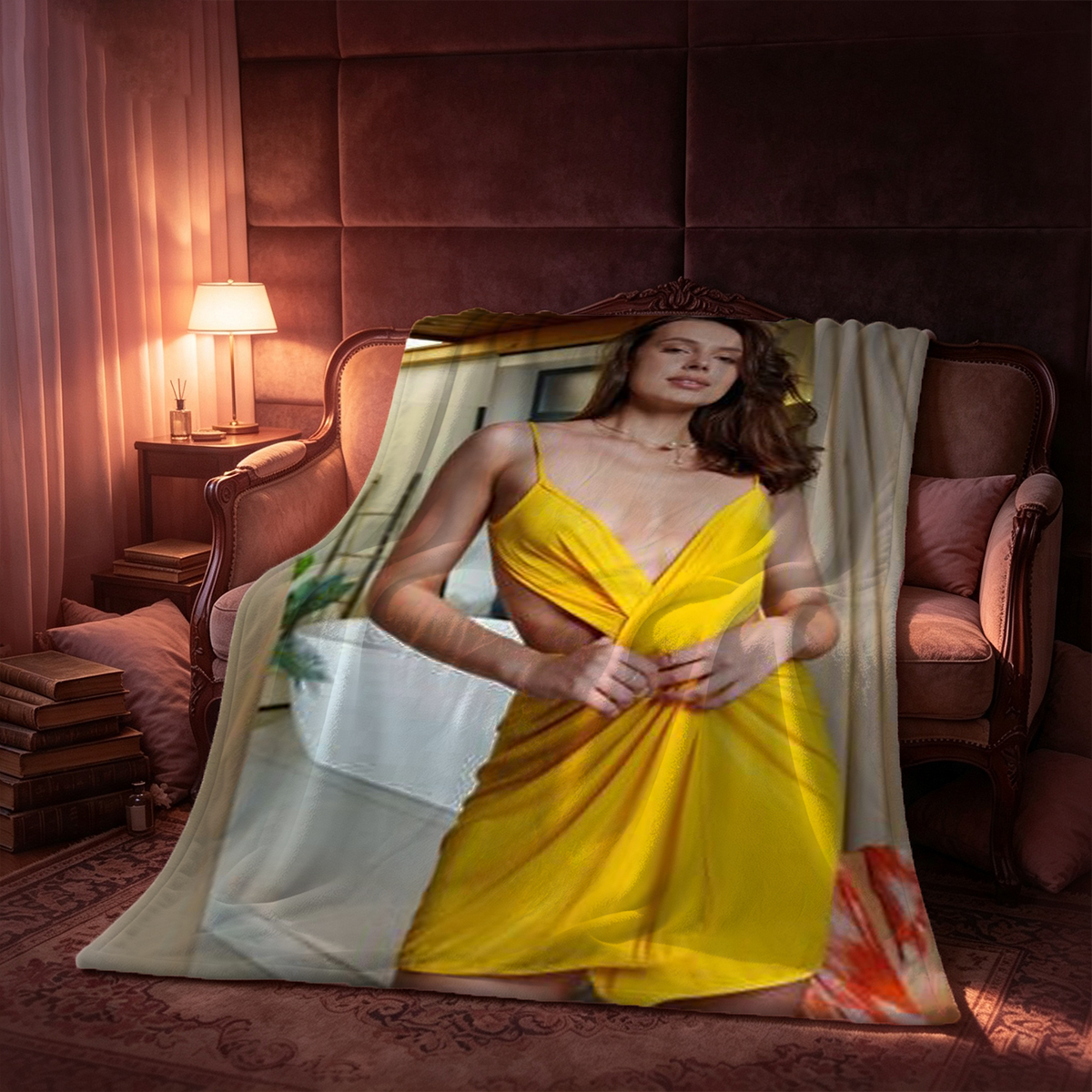 Nude Japanese Model with Purple Flowers on Body - Blanket
