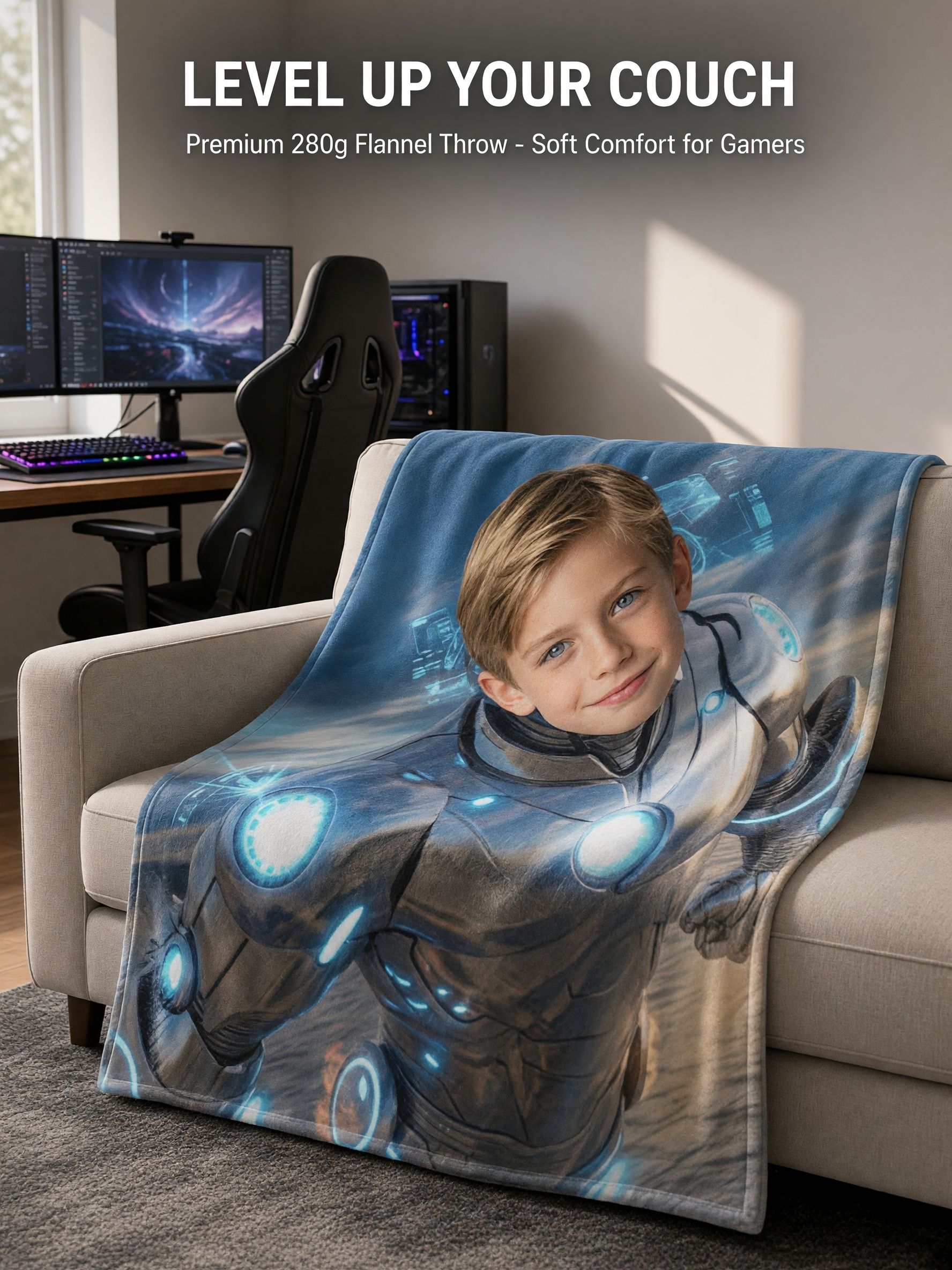 Custom Face Photo Superhero Blanket, Ultra Soft Flannel Fleece Armor Throw, Personalized Gift for Kids and Adults