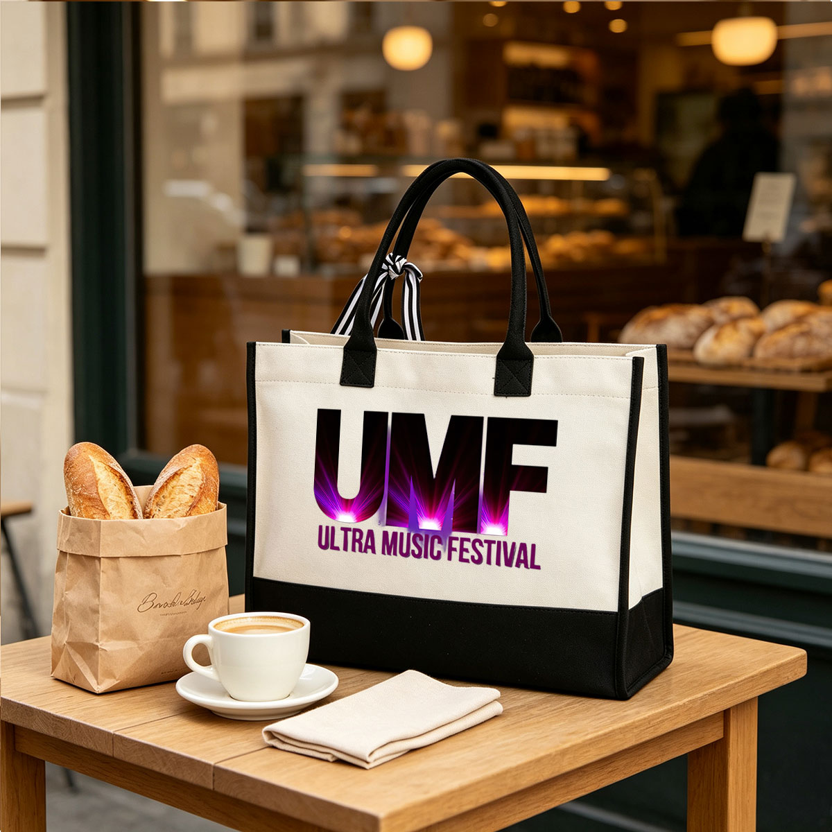 Ultra Music Festival: UMF Logo with Vibrant Light Effects - Canvas patchwork gift tote bag