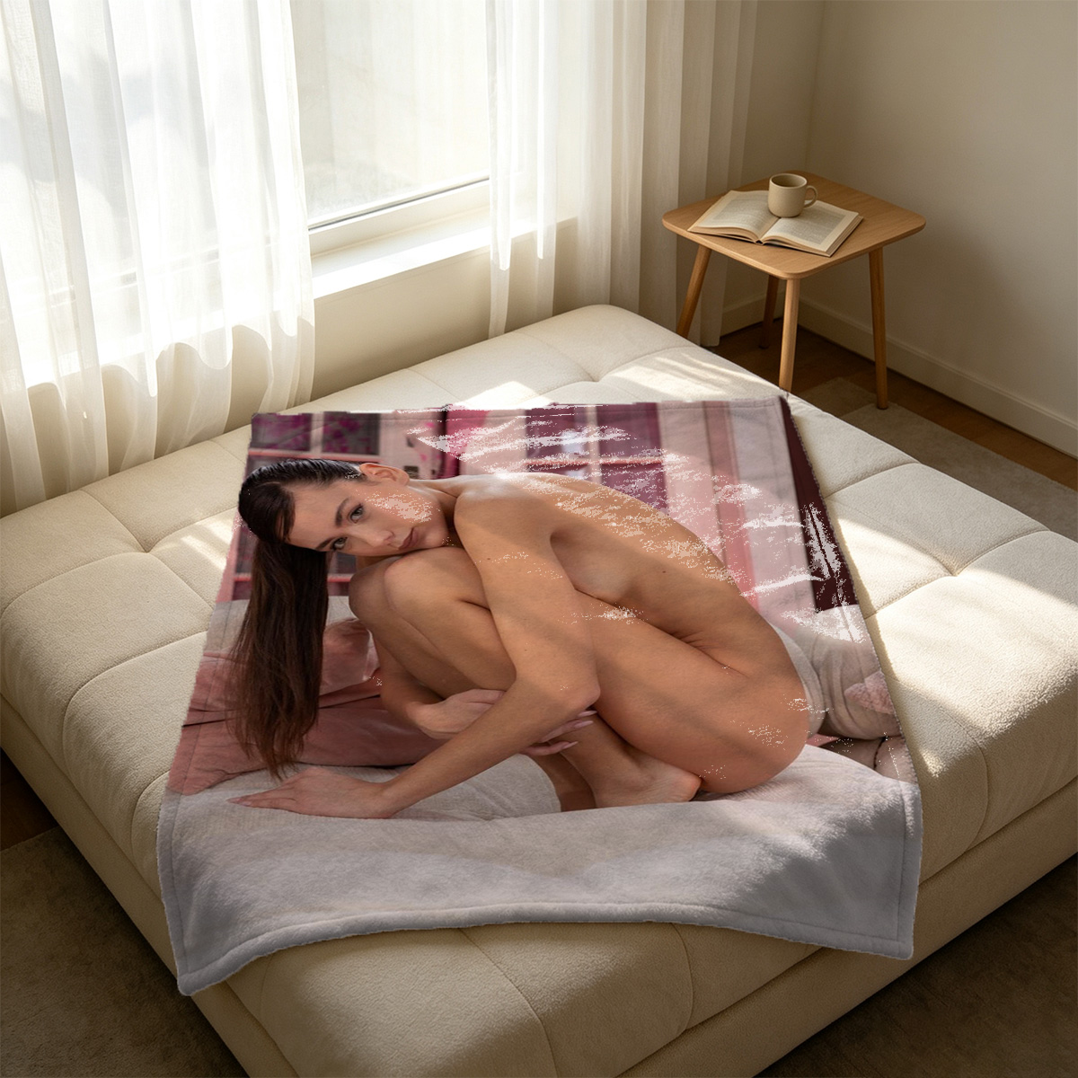Nude woman with long blonde hair lying on bed in bedroom - Blanket