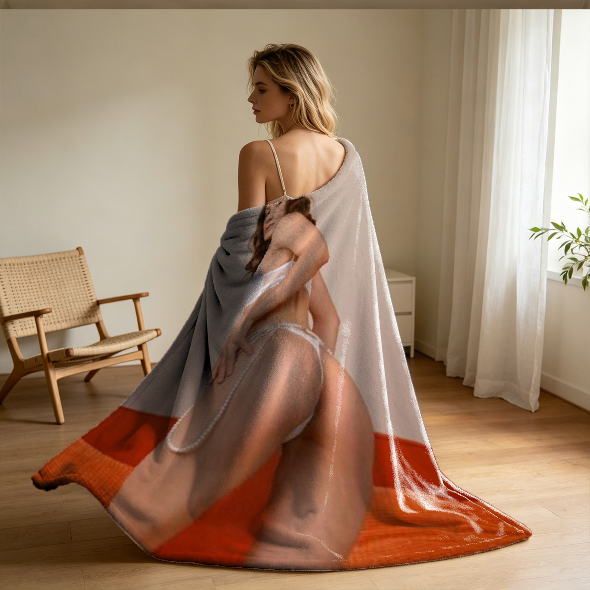 Nude Blonde in Shower Pose Holding Shower Head - Blanket