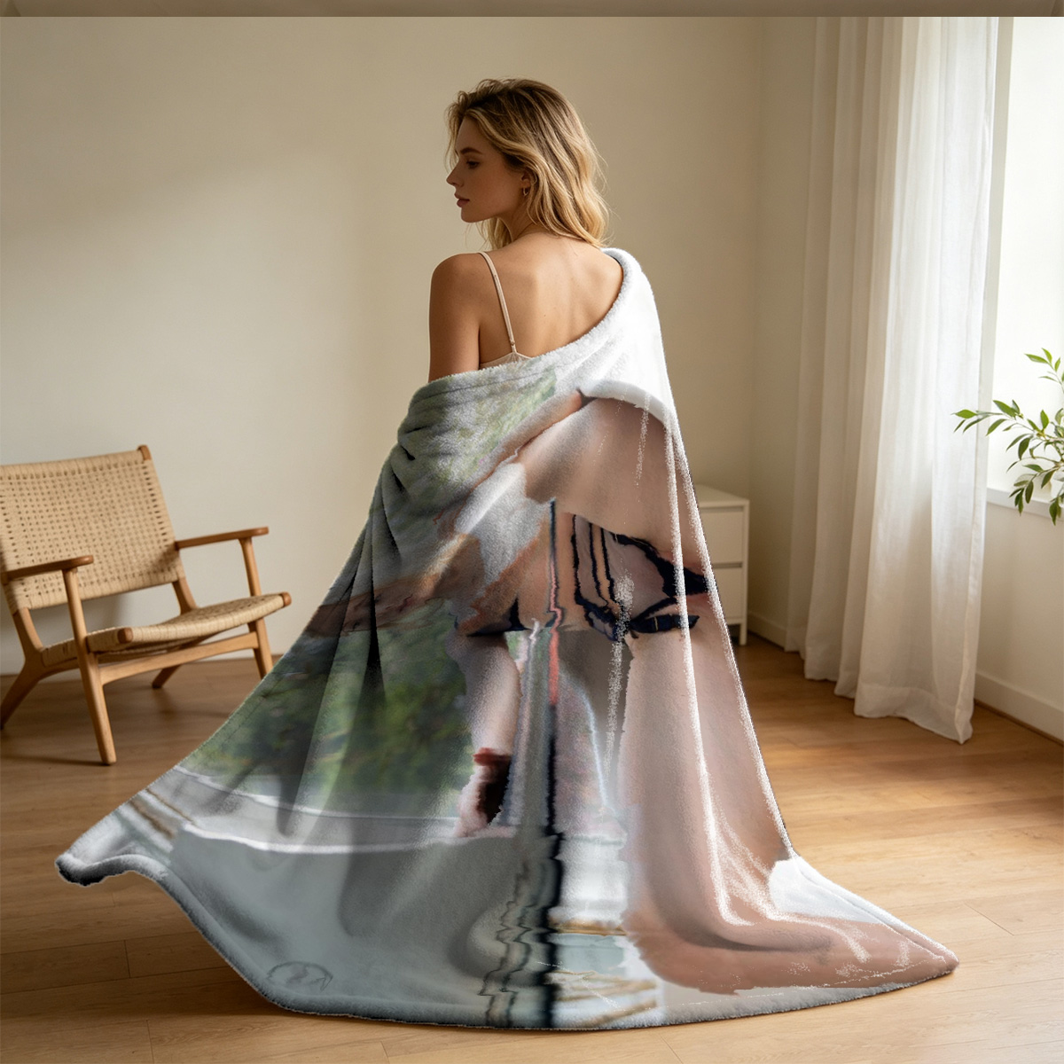 Blonde in white lace stockings posing on a teal sofa - Blanket