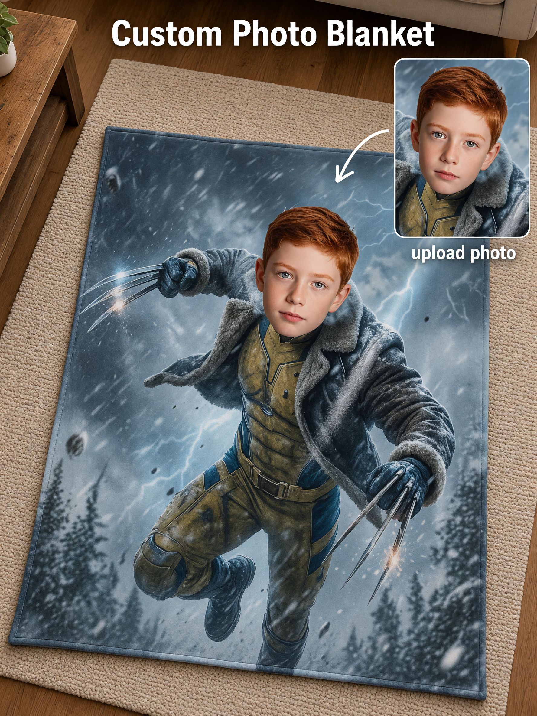 Personalized Face Blanket Custom Photo Superhero Warrior Flannel Fleece Throw, Cozy Bed Couch Travel Gift for Family