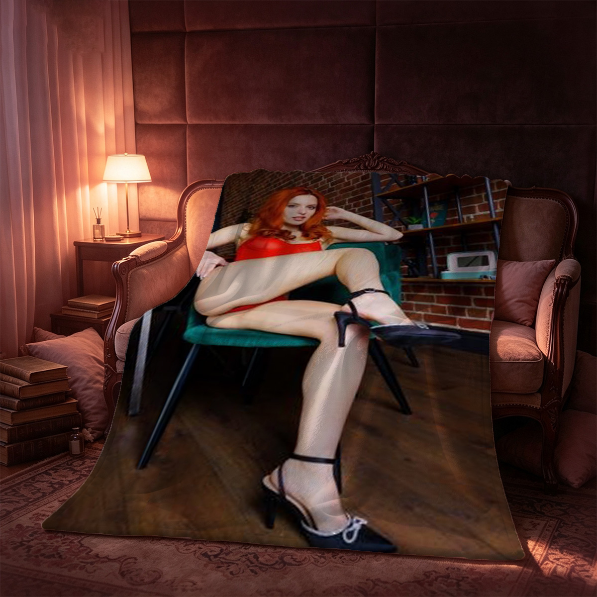 A young East Asian woman with long black hair, wearing a sheer white off-shoulder top and beige panties, sitting seductively on a white chair in a modern hotel room. - Blanket