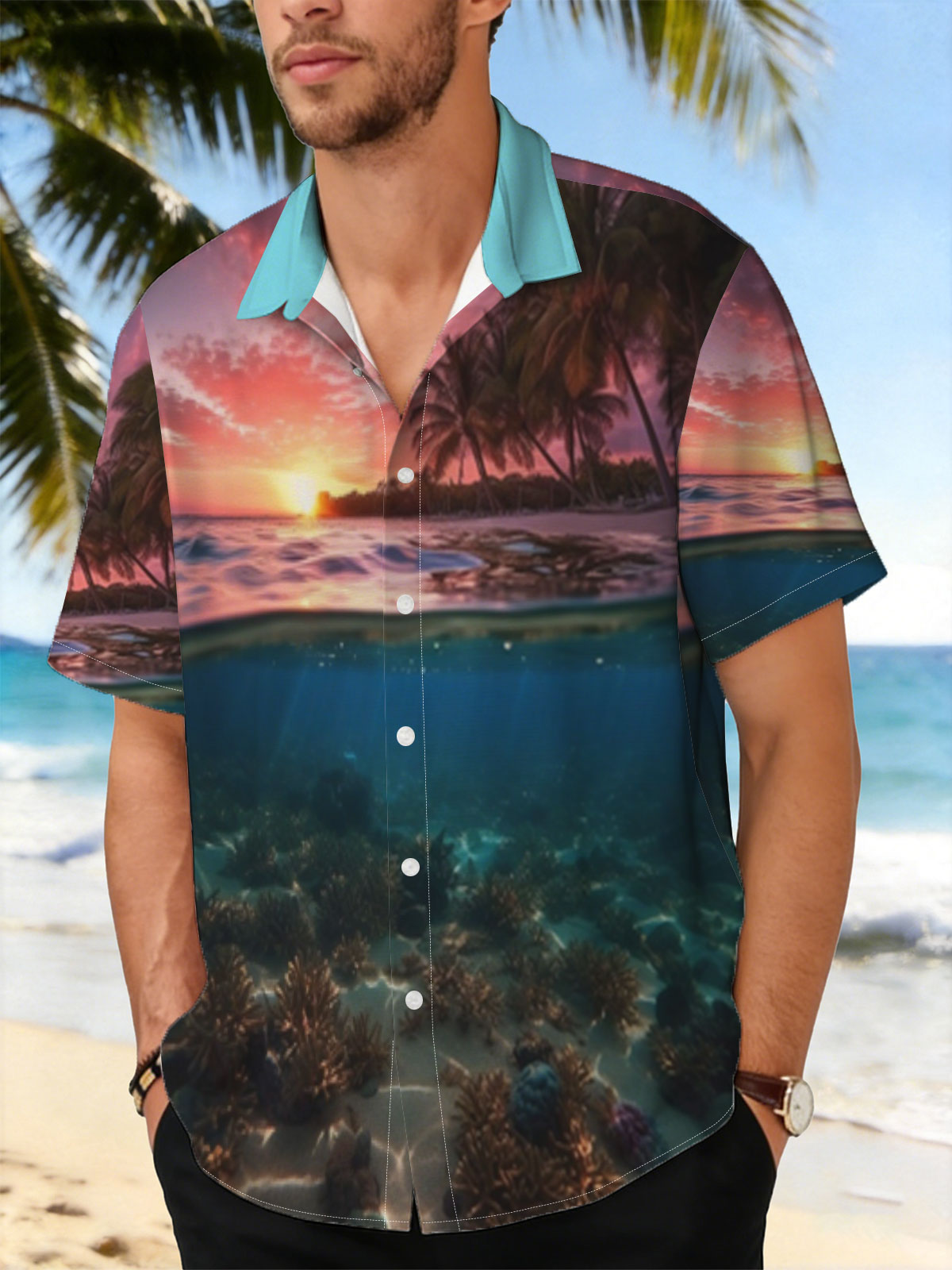 Sunset over tropical beach with underwater coral reef -  Shirt