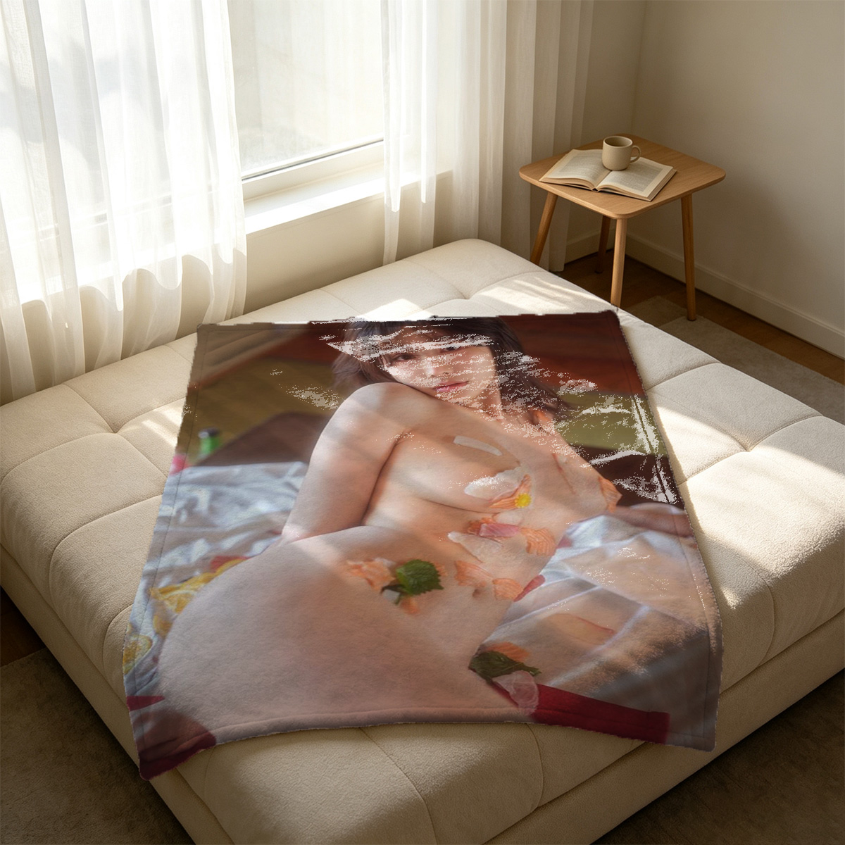Saori Sanada in Grey Sweatshirt Biting Fabric - Blanket