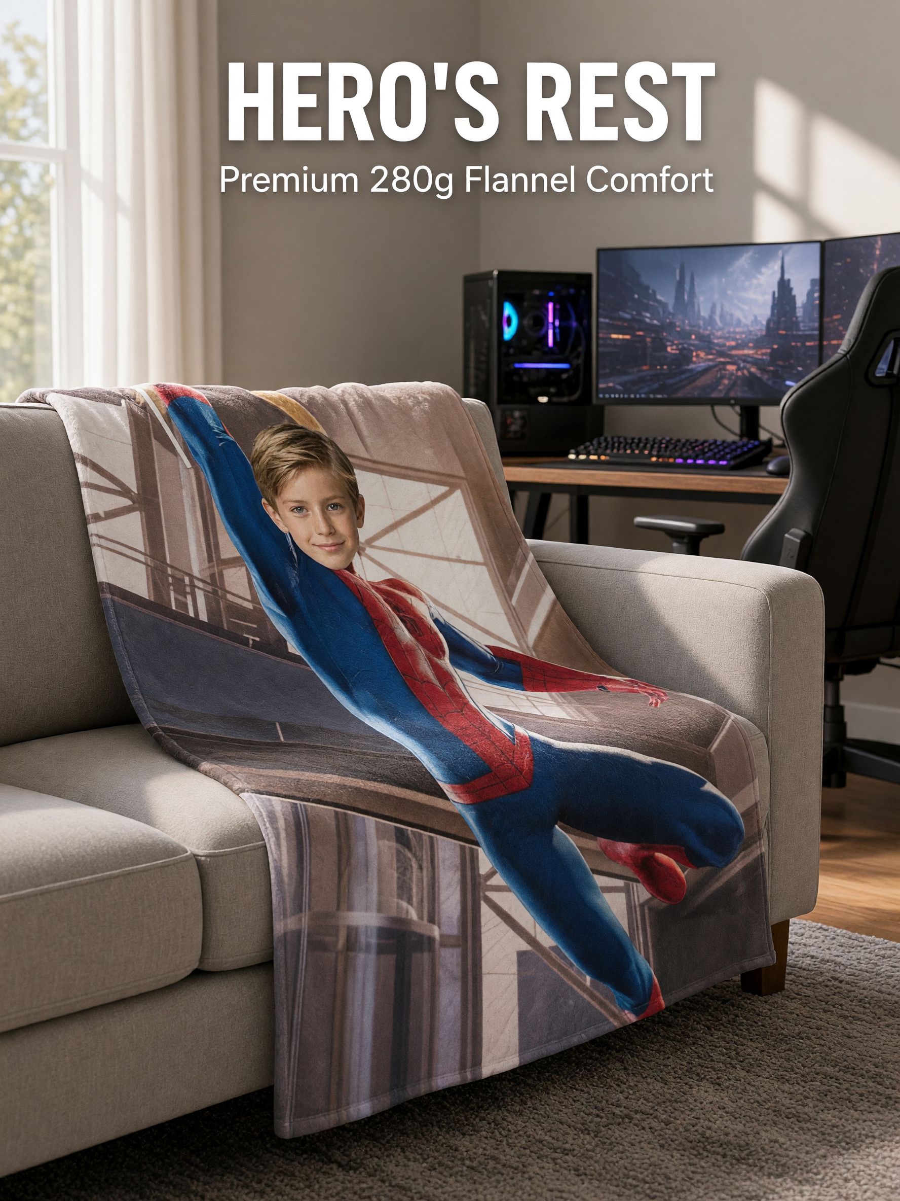 Custom Photo Face Superhero Flannel Throw Blanket Soft Plush Fleece Cover for Bed Sofa Ideal Personalized Gift