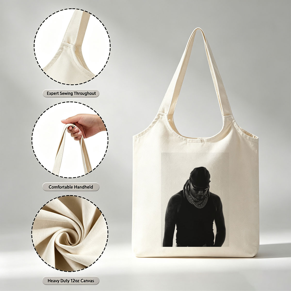 Lil Wayne in a striking black and white portrait wearing a bandana, sunglasses, and a thick chain necklace. - Canvas shoulder bags/