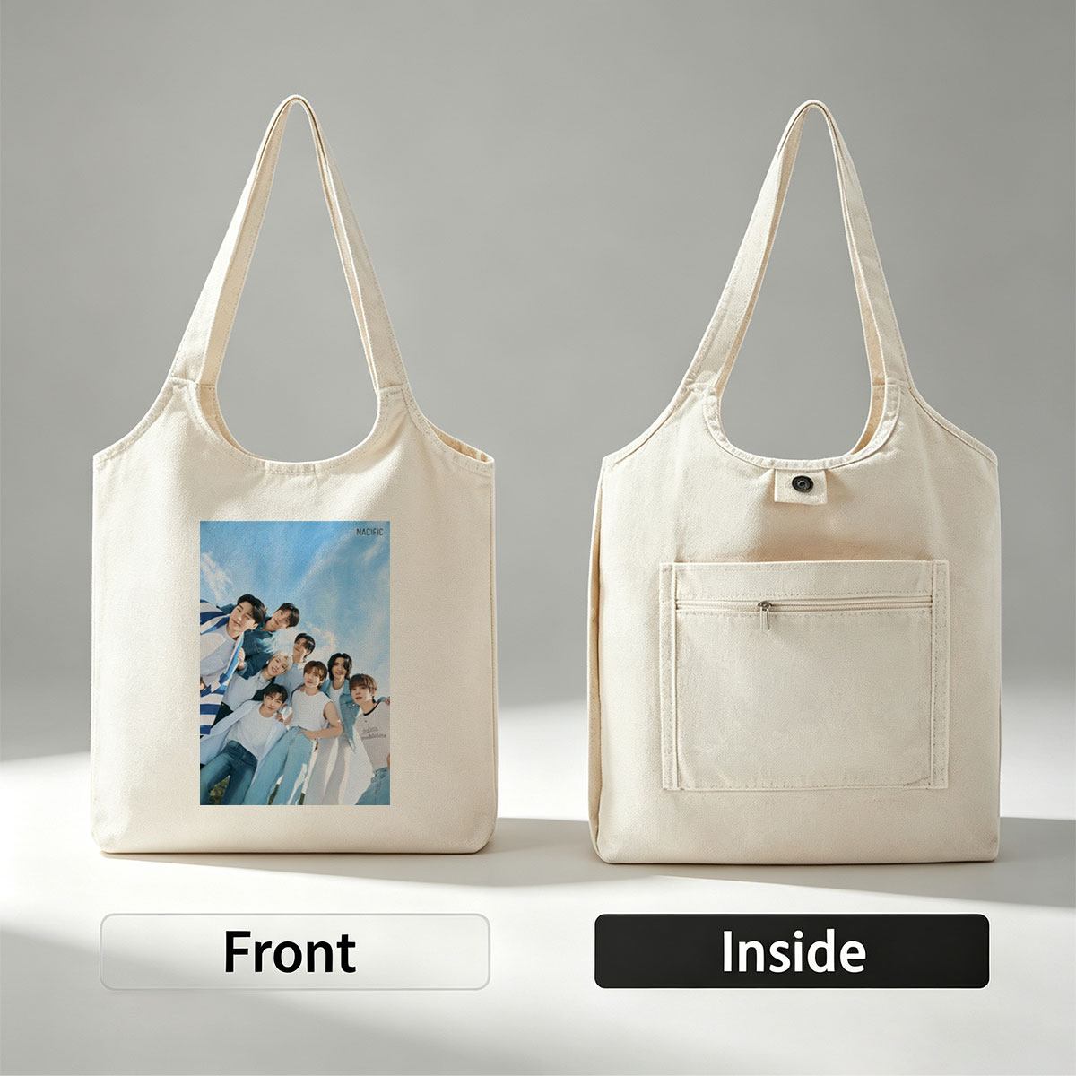 NACIFIC Band Members in Casual Outfits Posed Against a Bright Blue Sky - Canvas shoulder bags/