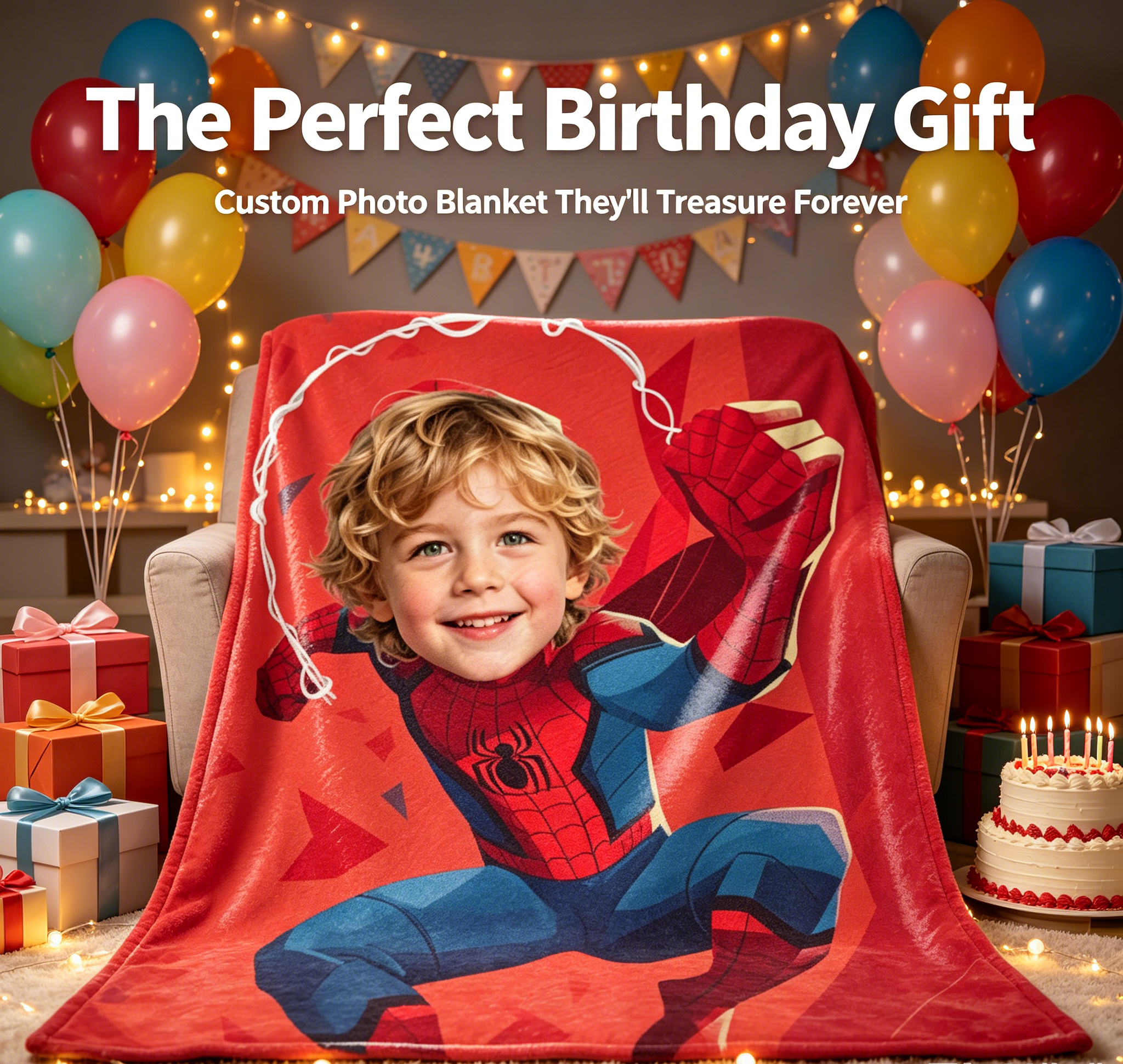 Personalized Spider-Man Face Blanket - Custom Photo Superhero Throw Blanket
