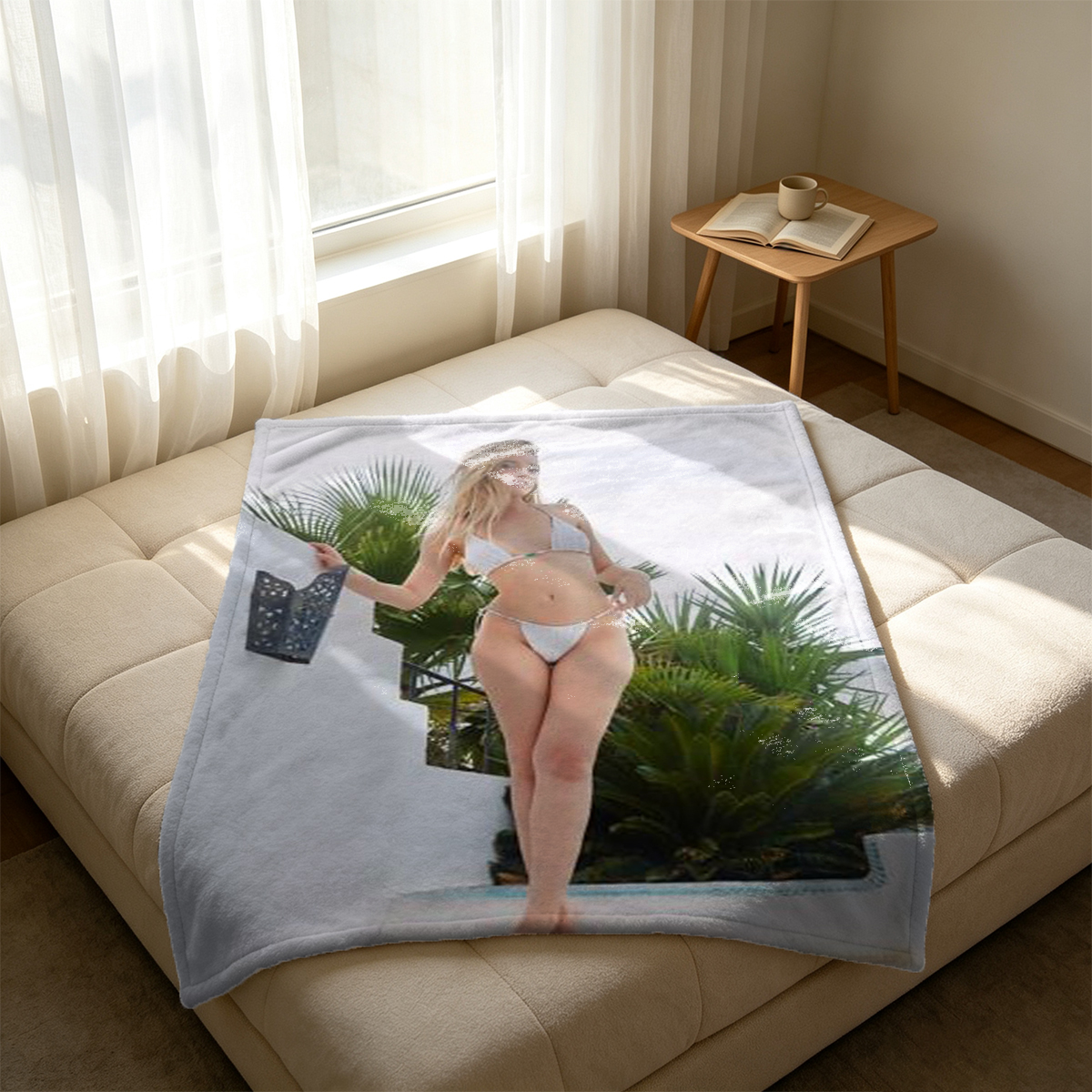 Nana Eikura nude in white panties, standing in a wooden cabin interior. - Blanket