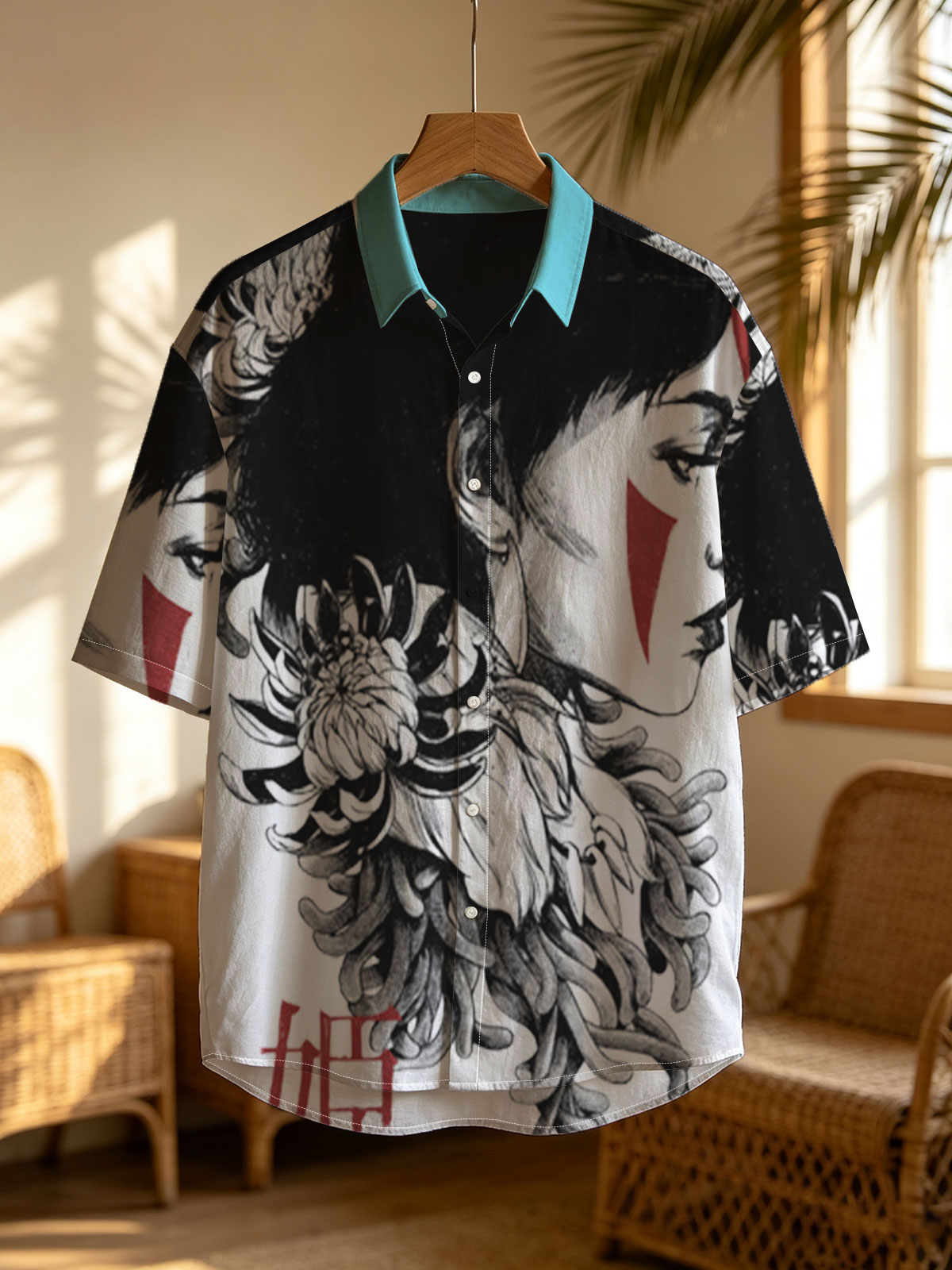 Geisha with Chrysanthemum and Red Accents -  Shirt