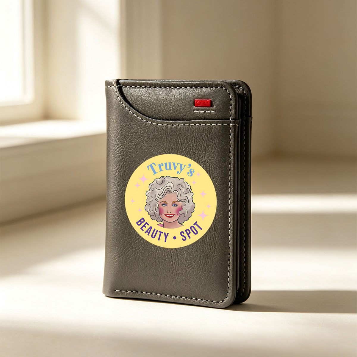 Truy's Beauty Spot: A Vibrant Logo Featuring a Stylish Character with Curly Hair and Sparkling Stars - Vertical Style Wallet
