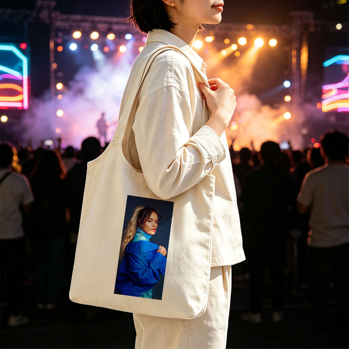 Rita Ora in Bold Blue Fashion Pose Against Dark Background - Canvas shoulder bags/