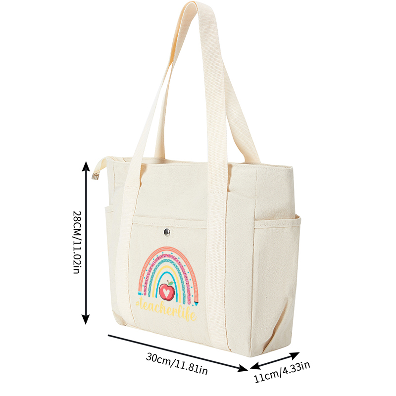 Multi Pocket Bag Cream White Rainbow Apple Teacher Life Print Design Multi Pocket Bag Cream White for Teachers and Educators Daily Use School Work Accessories