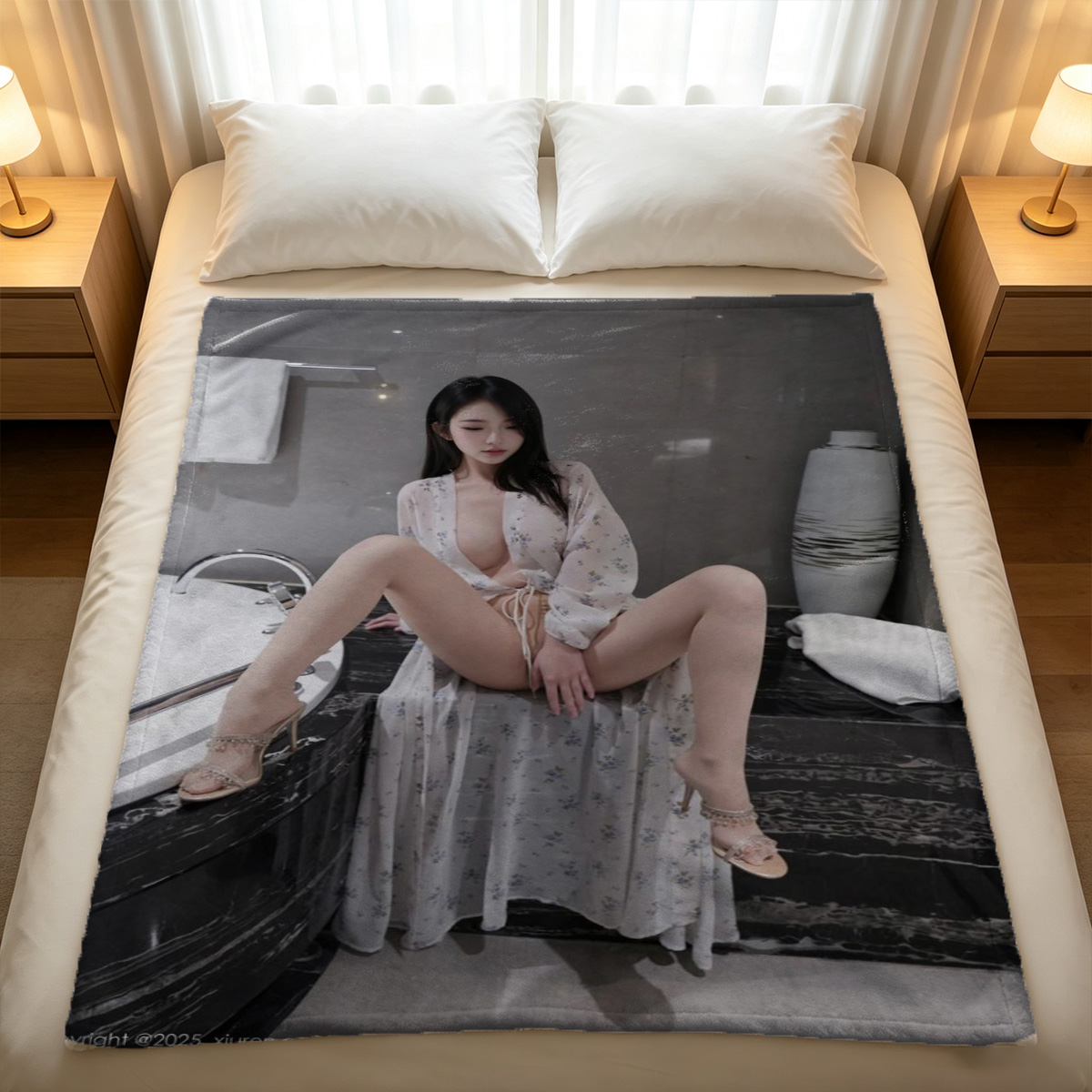 Two Women Kissing on a Couch, One in White Lingerie, One Nude - Blanket