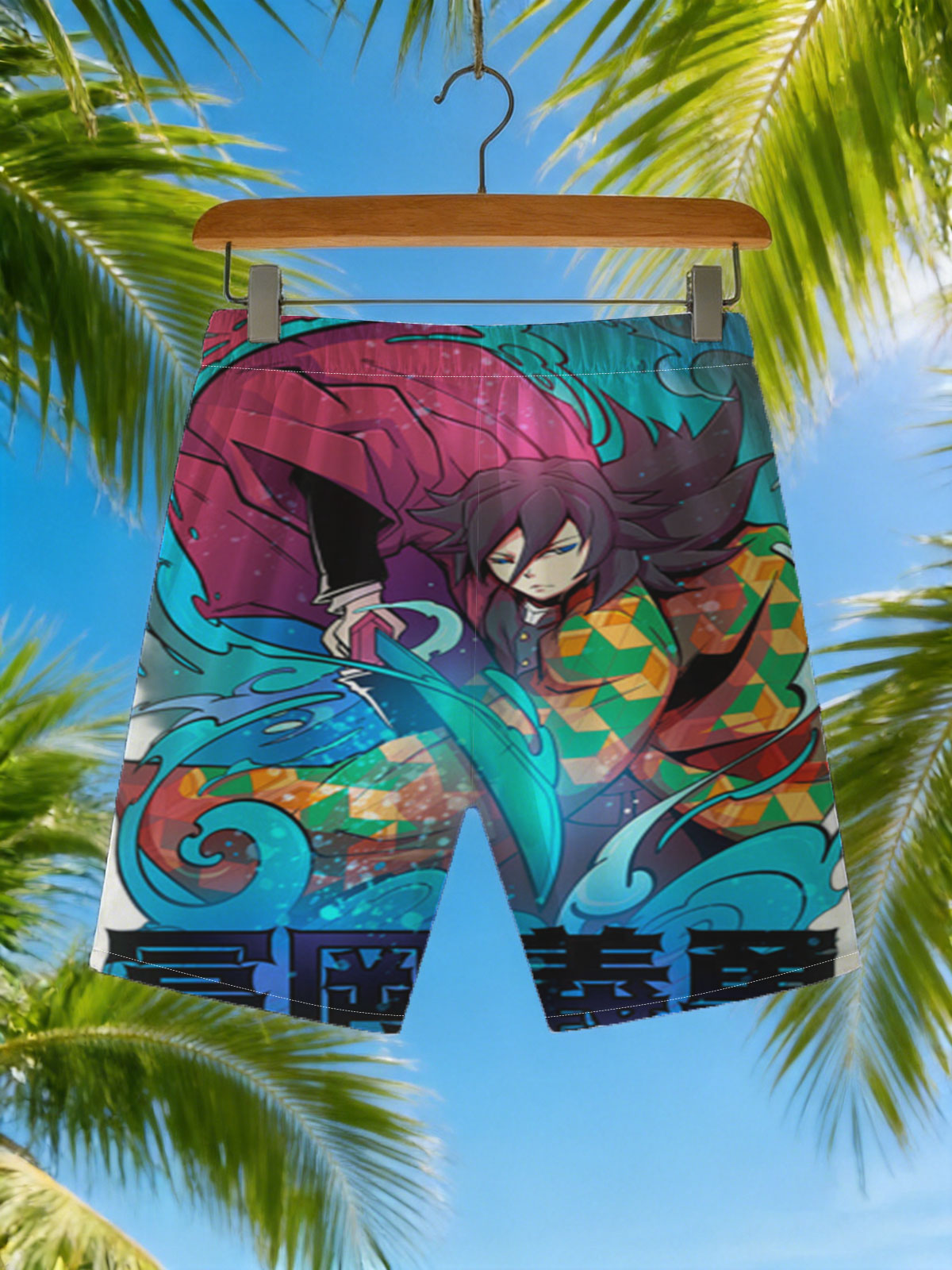 Yoshino from Demon Slayer: Kimetsu no Yaiba, wielding a sword with vibrant, swirling energy around him -  Beach shorts