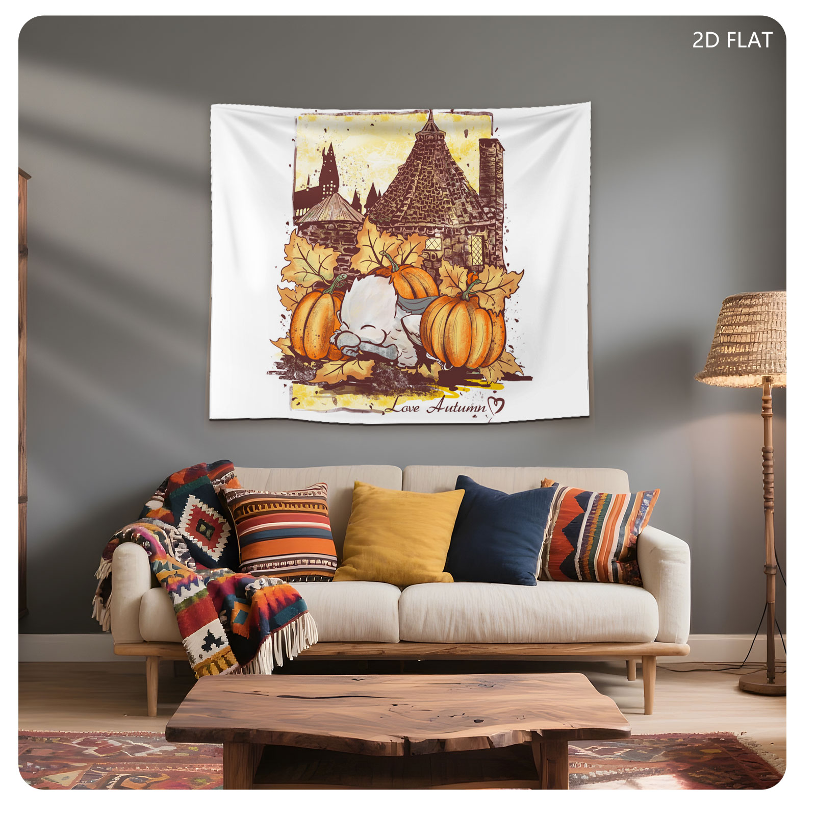 Cute Owl Sleeping Among Pumpkins and Autumn Leaves with Castle Background - Love Autumn - Tapestry
