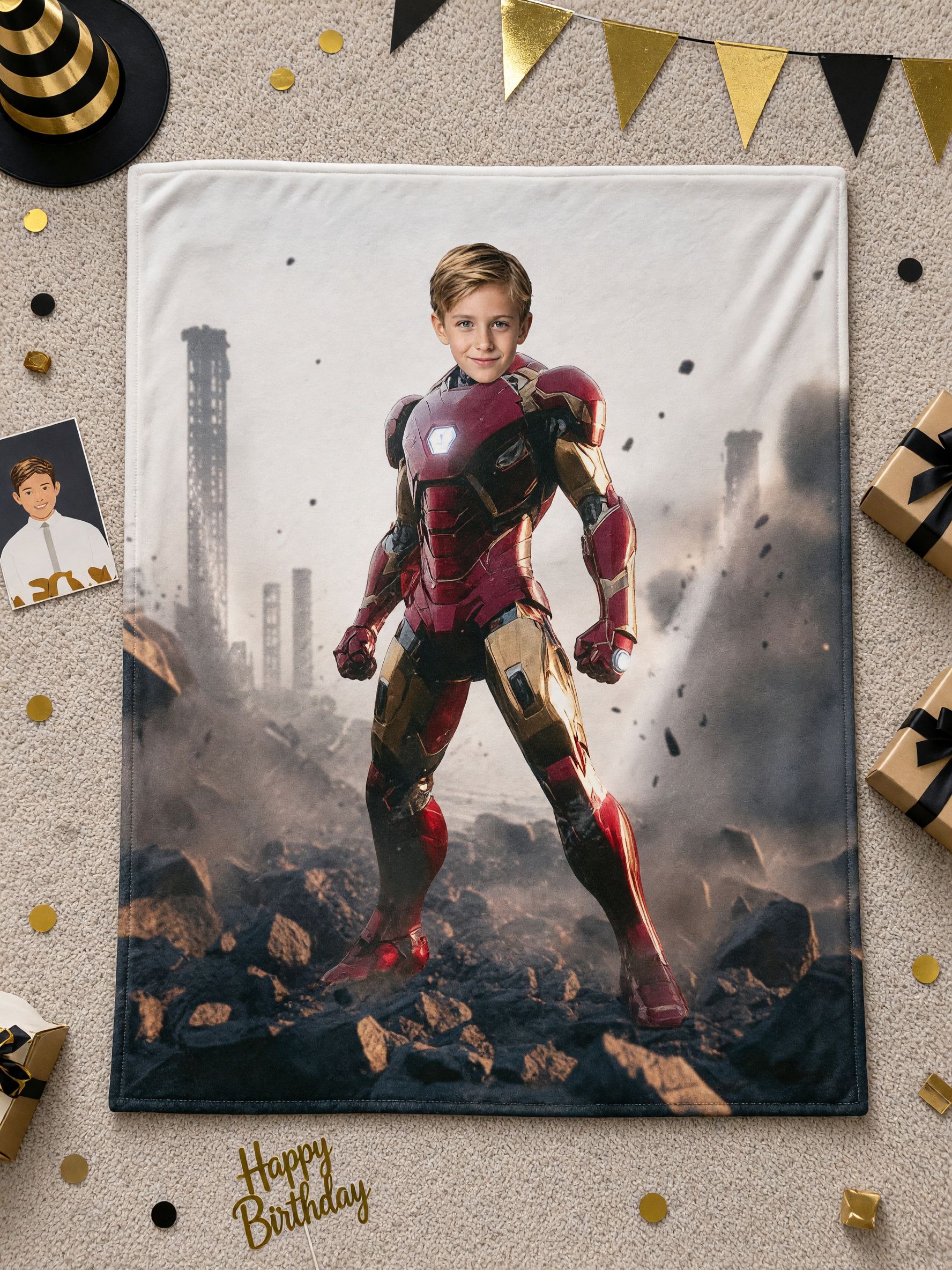 Custom Face Superhero Flannel Blanket, Personalized Photo Armored Hero Plush Throw for Bed Couch, Cozy Unique Gift