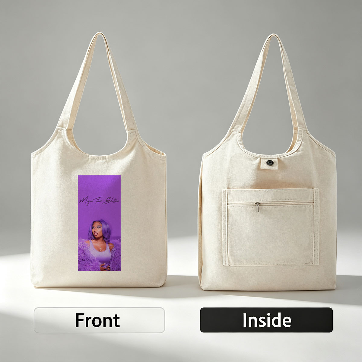Megan Thee Stallion in Purple Feathered Outfit Against Vibrant Purple Background - Canvas shoulder bags/