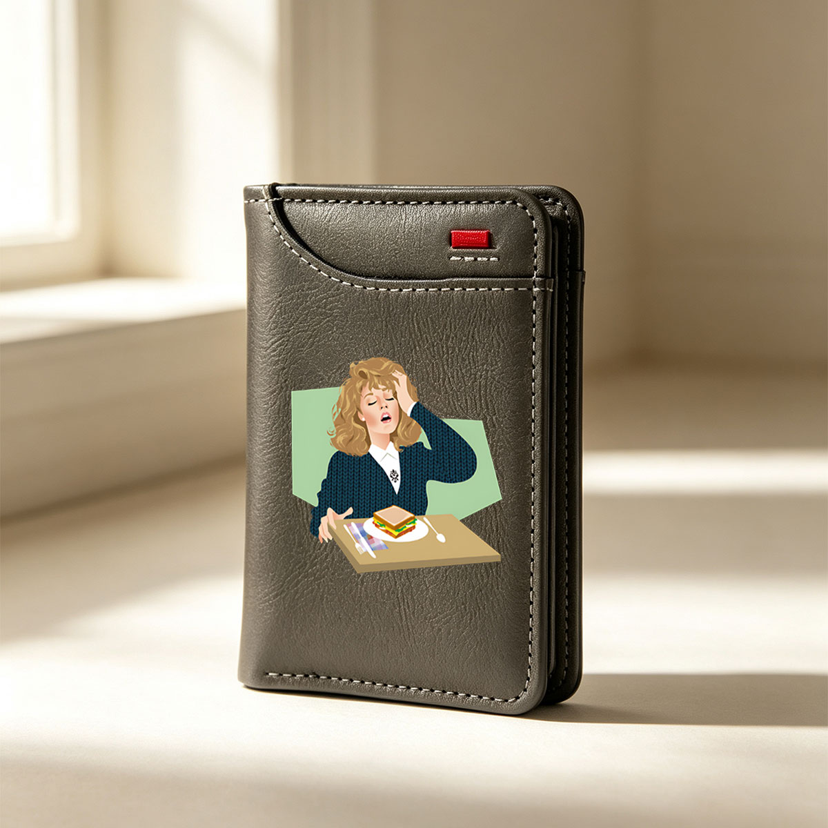 Woman in Blue Sweater with Sandwich on Tray - Vertical Style Wallet