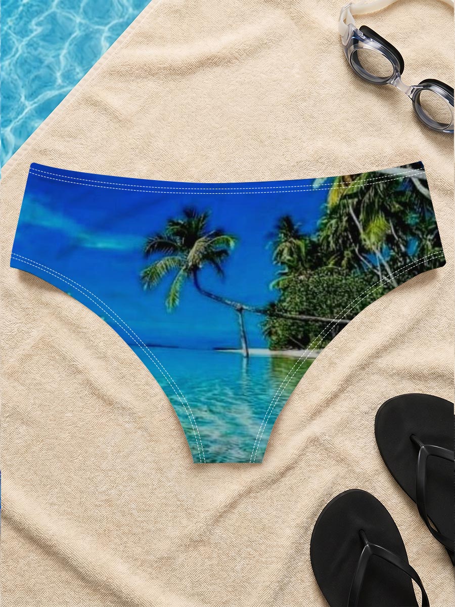 Crystal clear waters and swaying palms on a tropical paradise island under a vibrant blue sky. -  Men's swim trunks