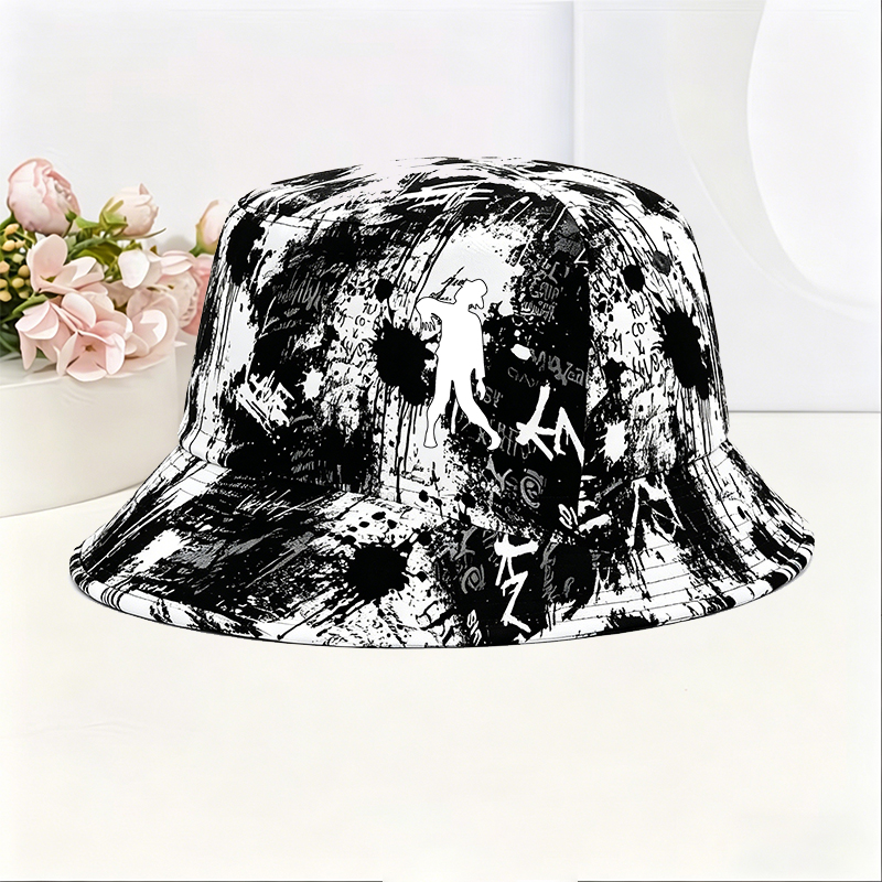 Unisex Classic Graffiti Bucket Hat with Silhouette Zombie Print Design - Perfect for Casual Streetwear, Outdoor Activities, and Festival Style - Ideal for Teens and Young Adults Seeking Trendy Urban Fashion