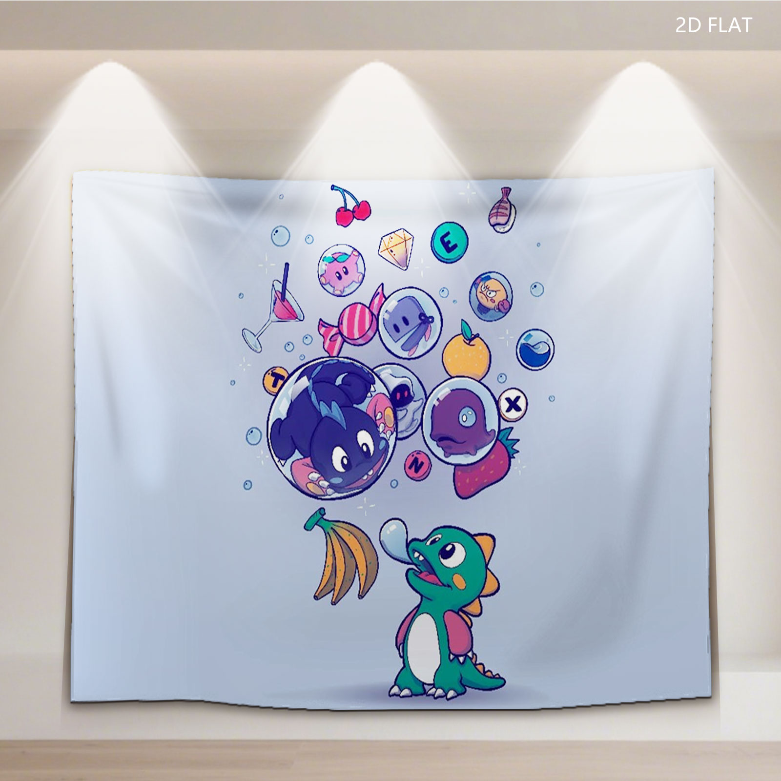 Cute Dragon Blows Bubbles with Game Icons and Fruits - Tapestry
