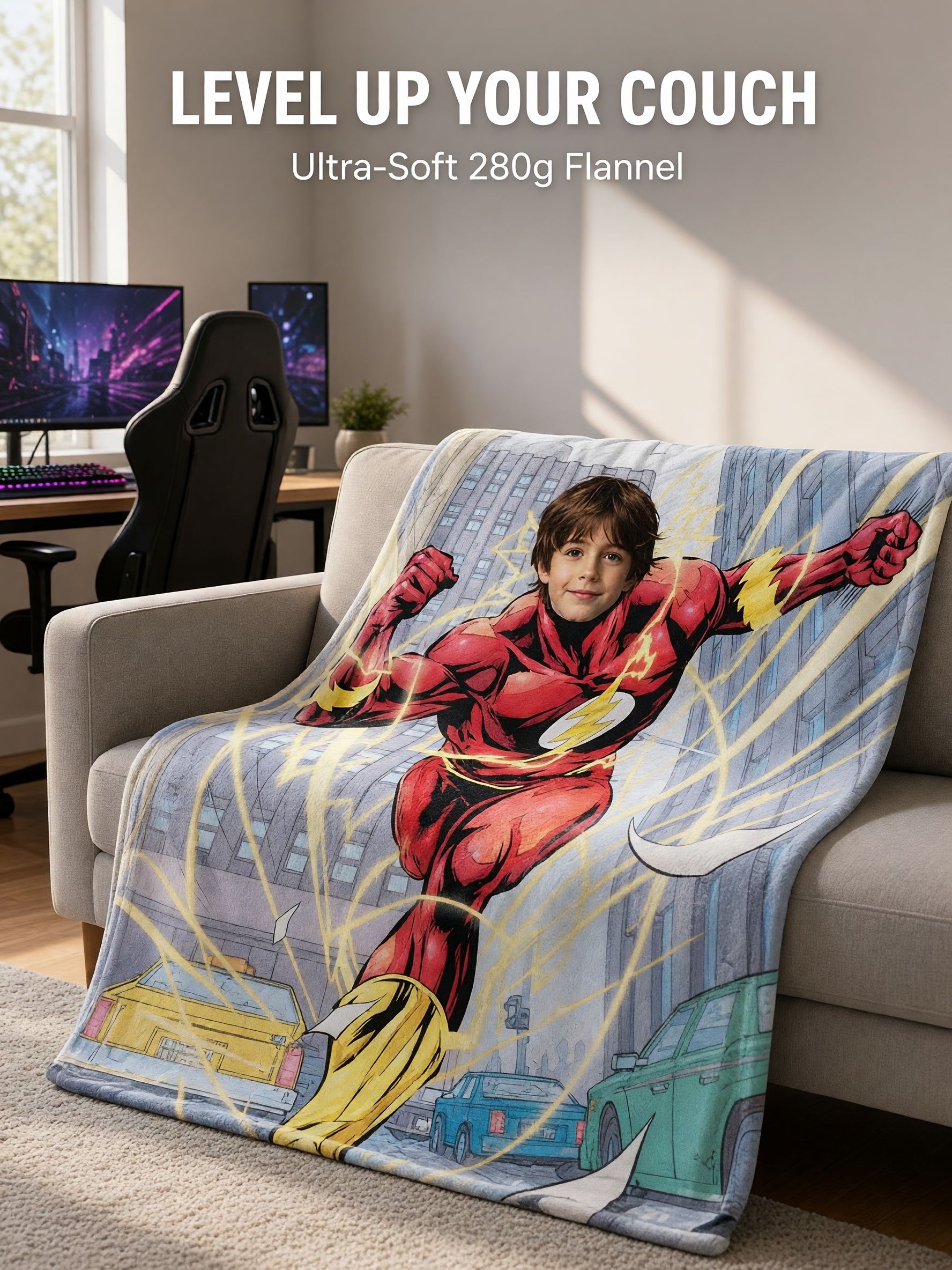Custom Face Photo Blanket Personalized Superhero Comic Flannel Throw for Kids Adults Cozy Birthday Gift